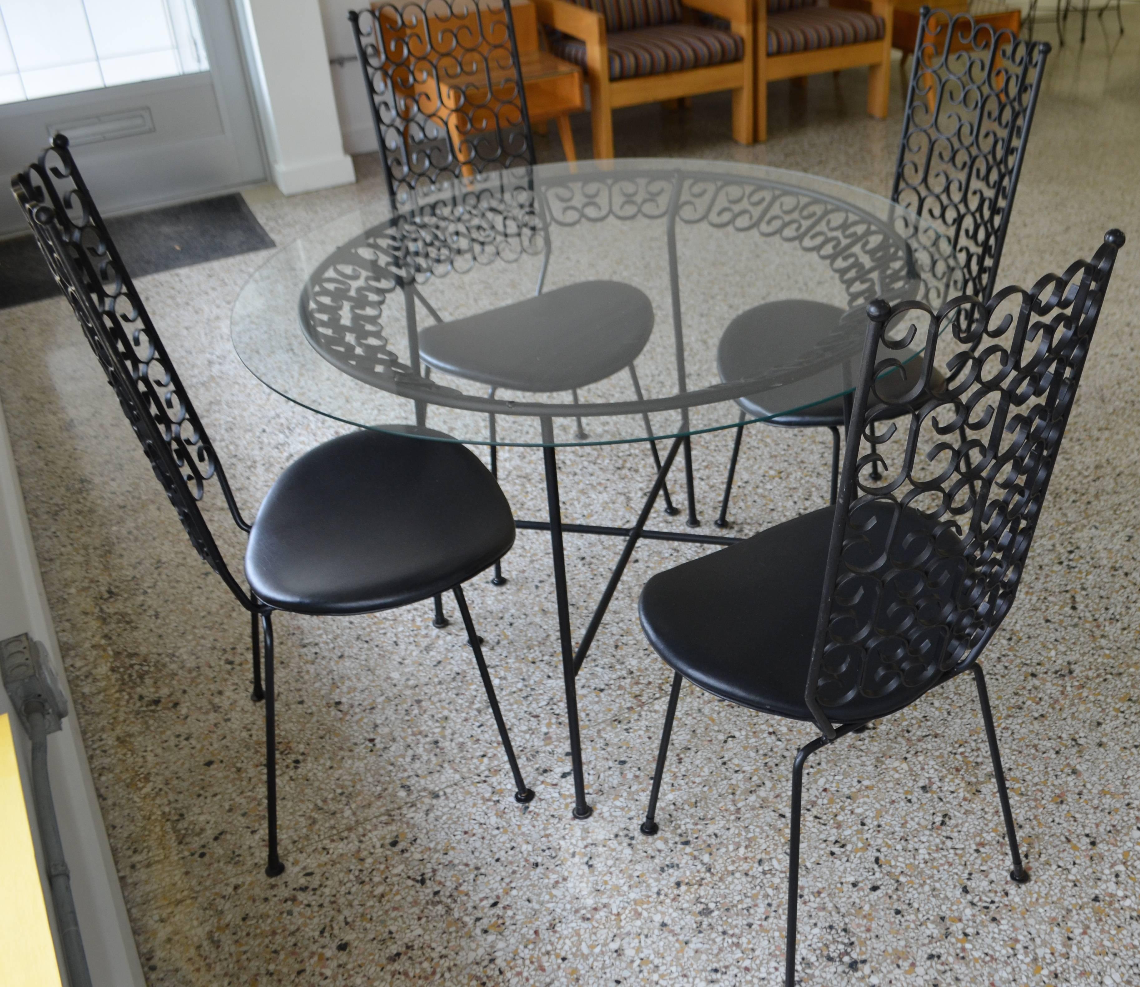 American Arthur Umanoff Wrought Iron Patio Set, Table and Four Chairs