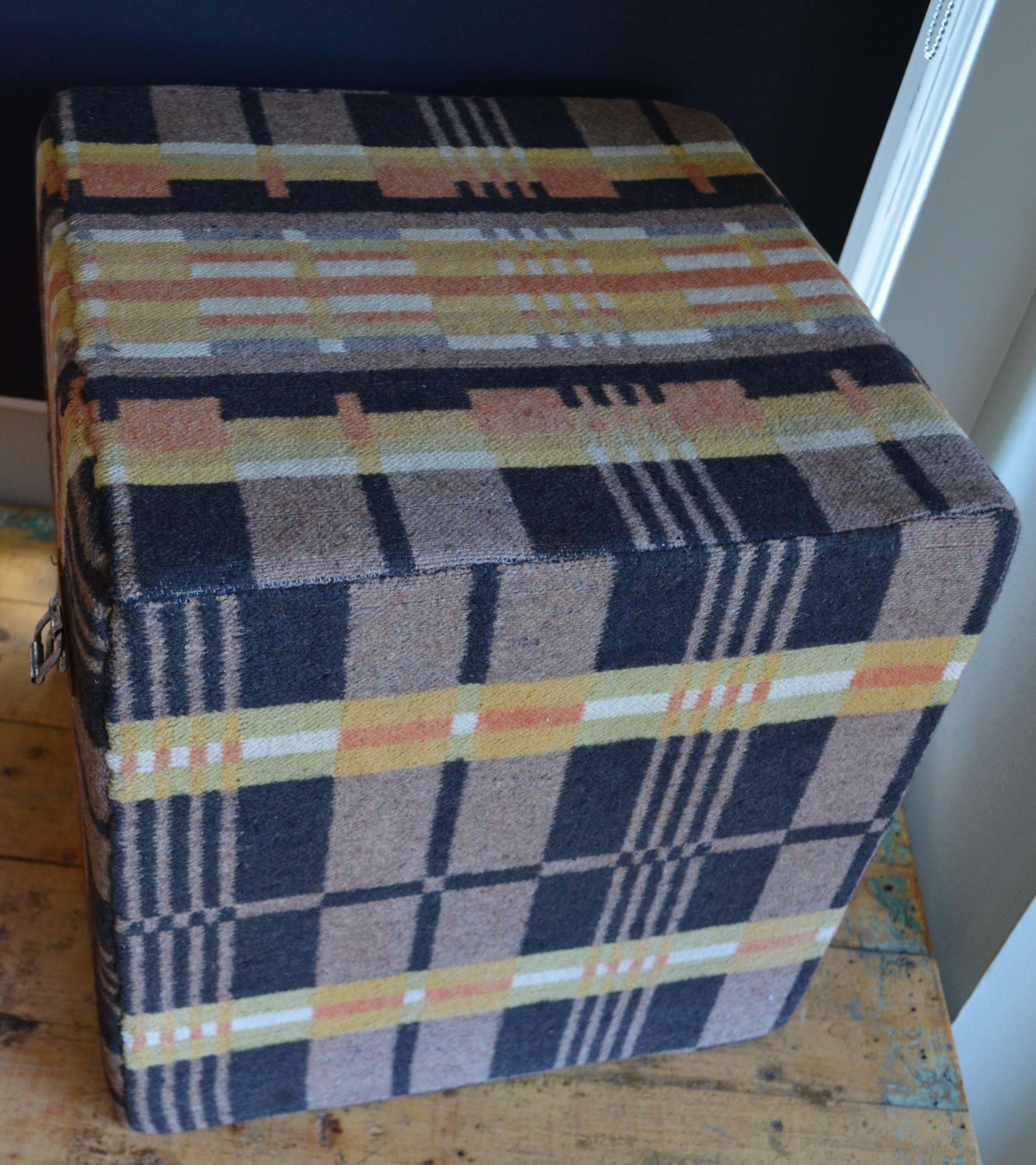 Antique Wool Carriage Horse Blanket as Pouf Ottoman In Excellent Condition In Madison, WI