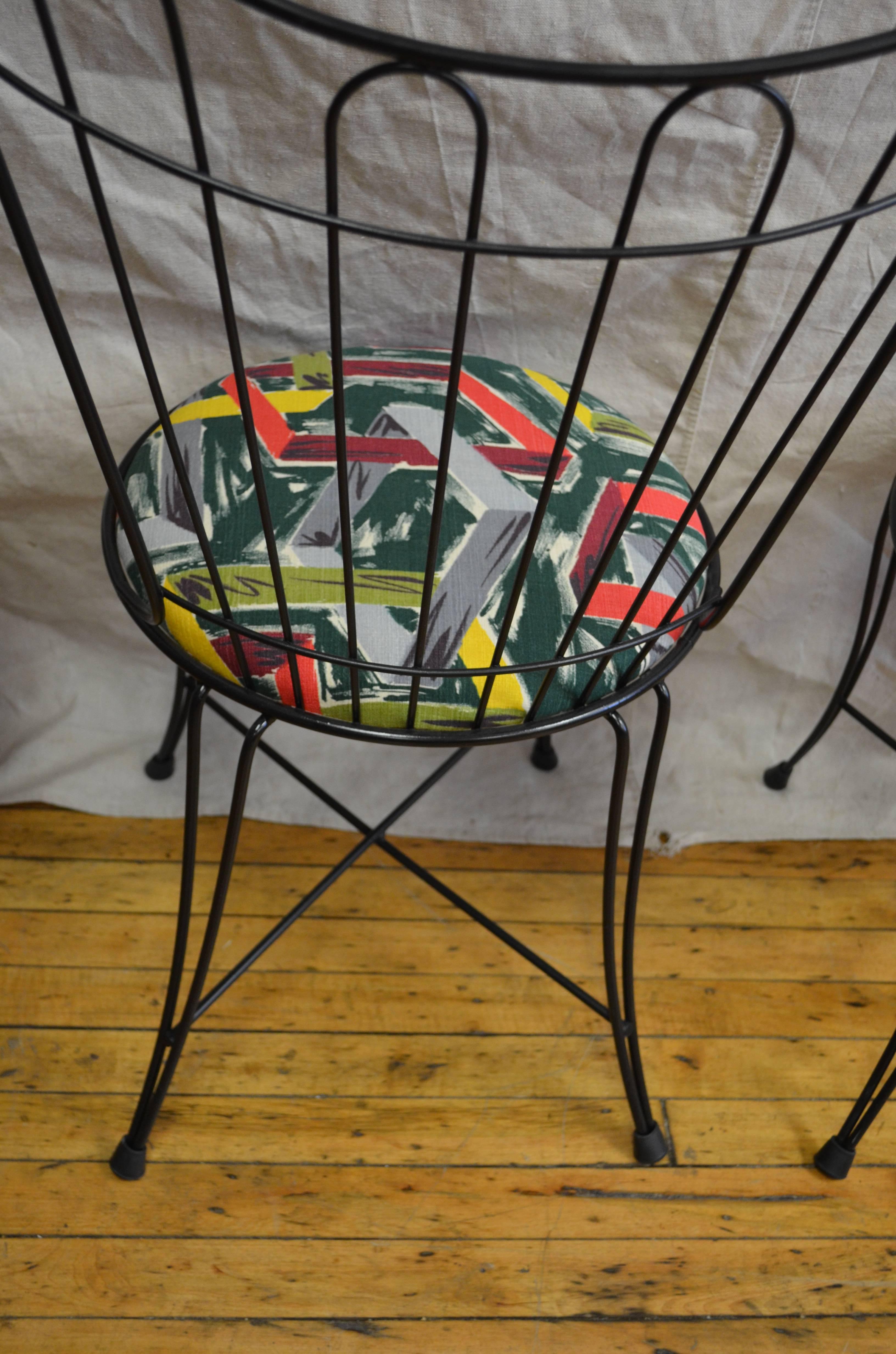 Patio Chairs by Salterini, 1950s with Removable Seats in Vintage Barkcloth In Excellent Condition In Madison, WI