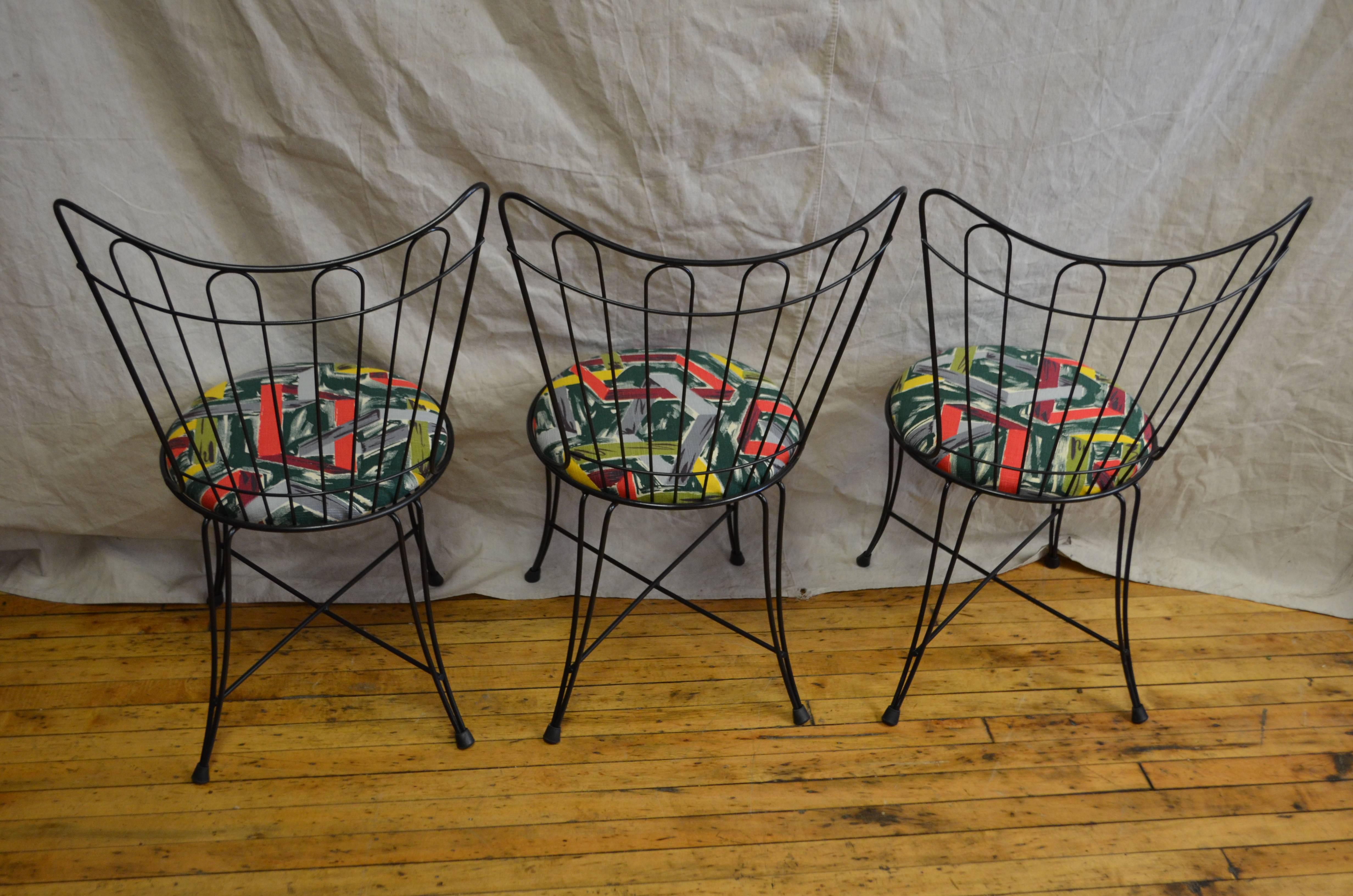 American Patio Chairs by Salterini, 1950s with Removable Seats in Vintage Barkcloth