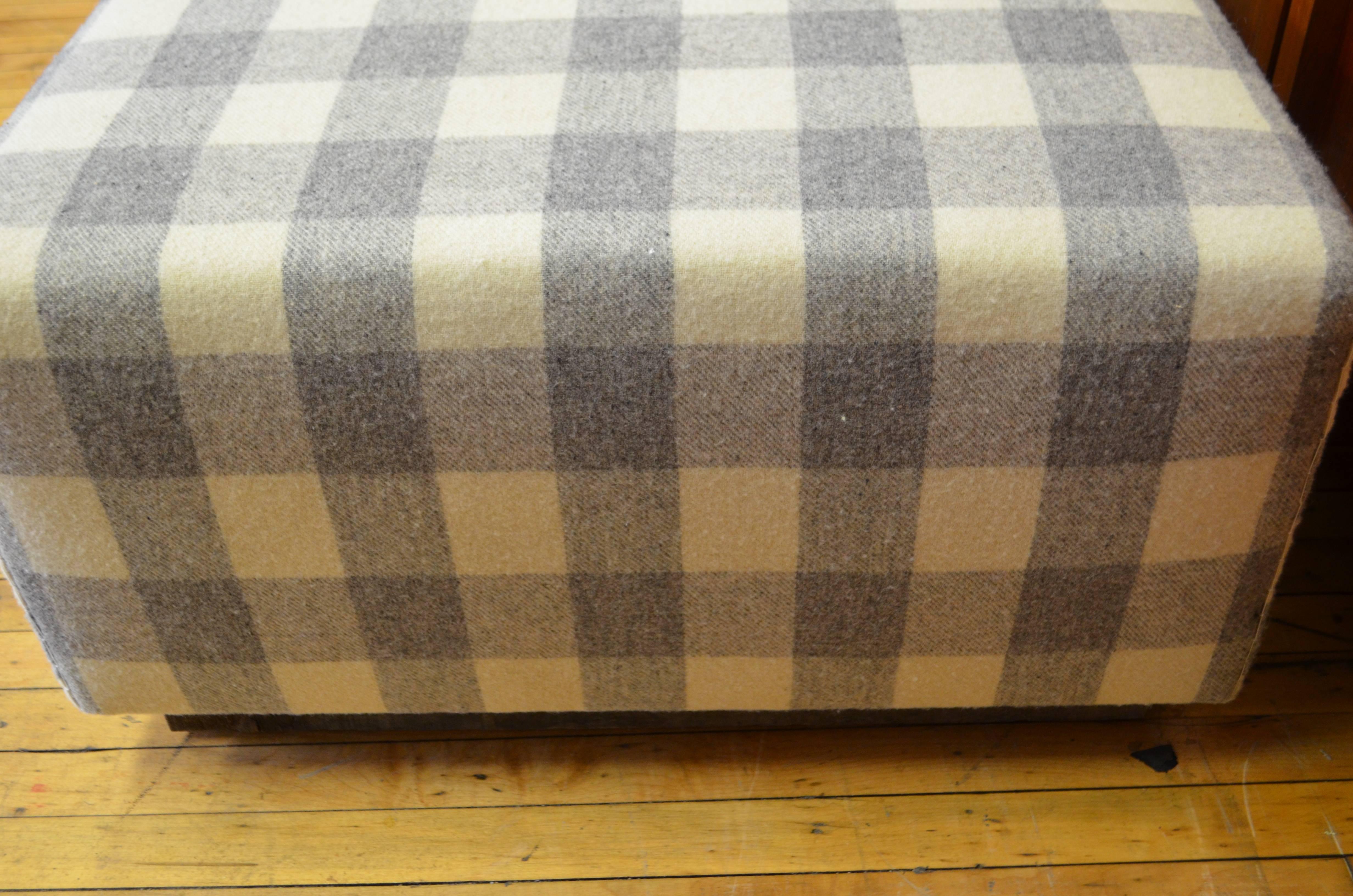 Adirondack Ottoman Upholstered in Vintage Wool Blanket on Barn Board Wood Base For Sale