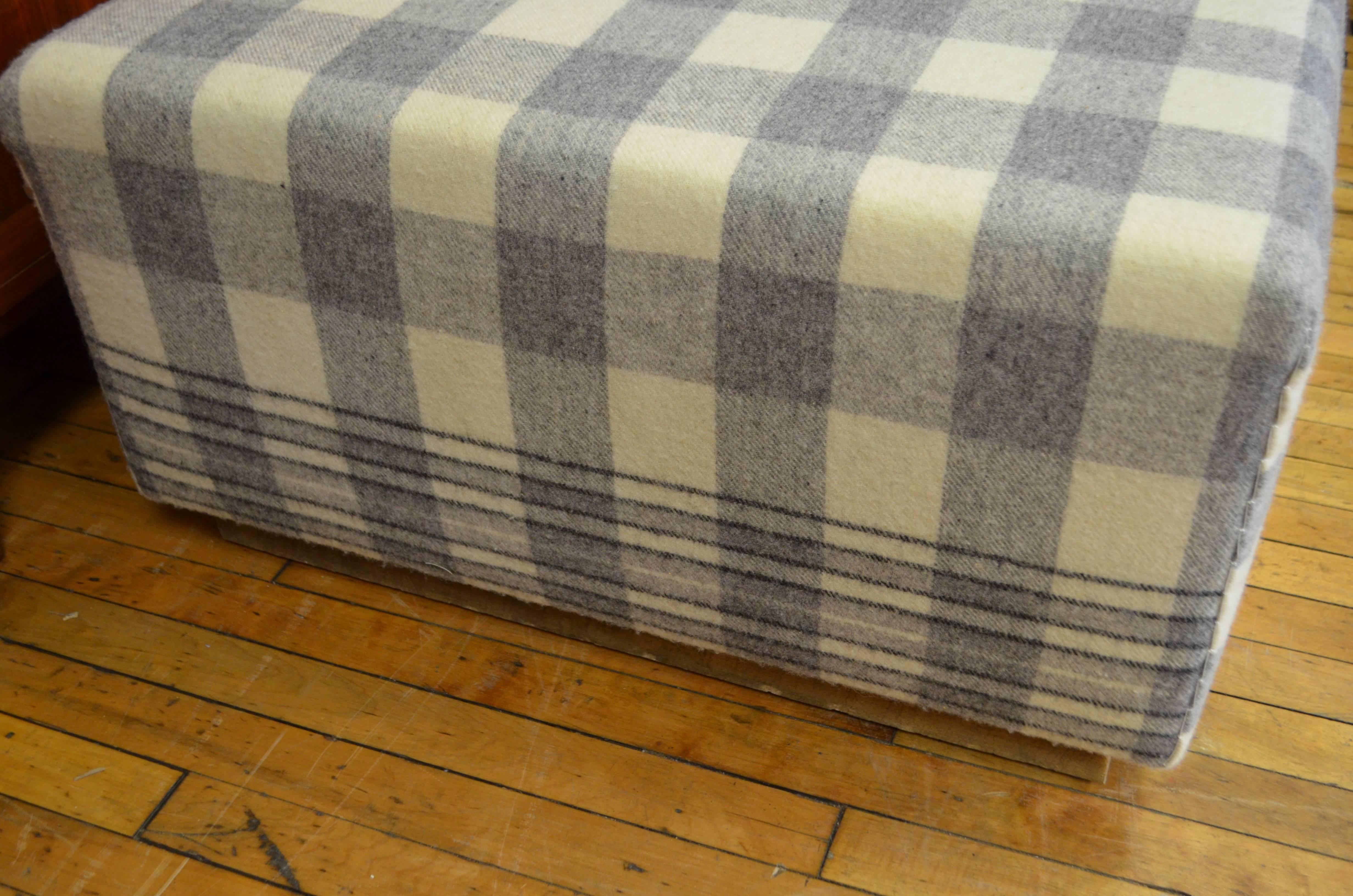 American Ottoman Upholstered in Vintage Wool Blanket on Barn Board Wood Base For Sale