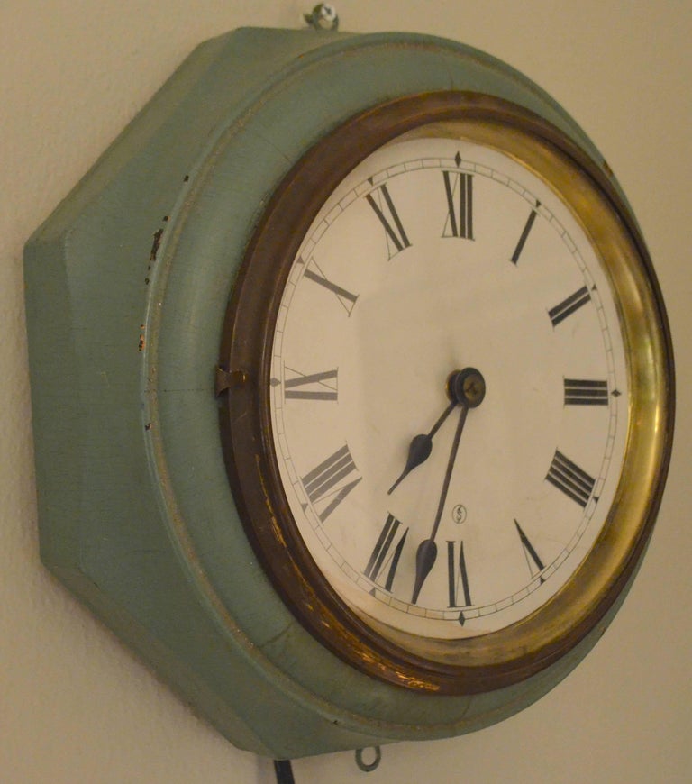 Early 1900s Wooden Electric Wall Clock with Roman Numerals at 1stDibs