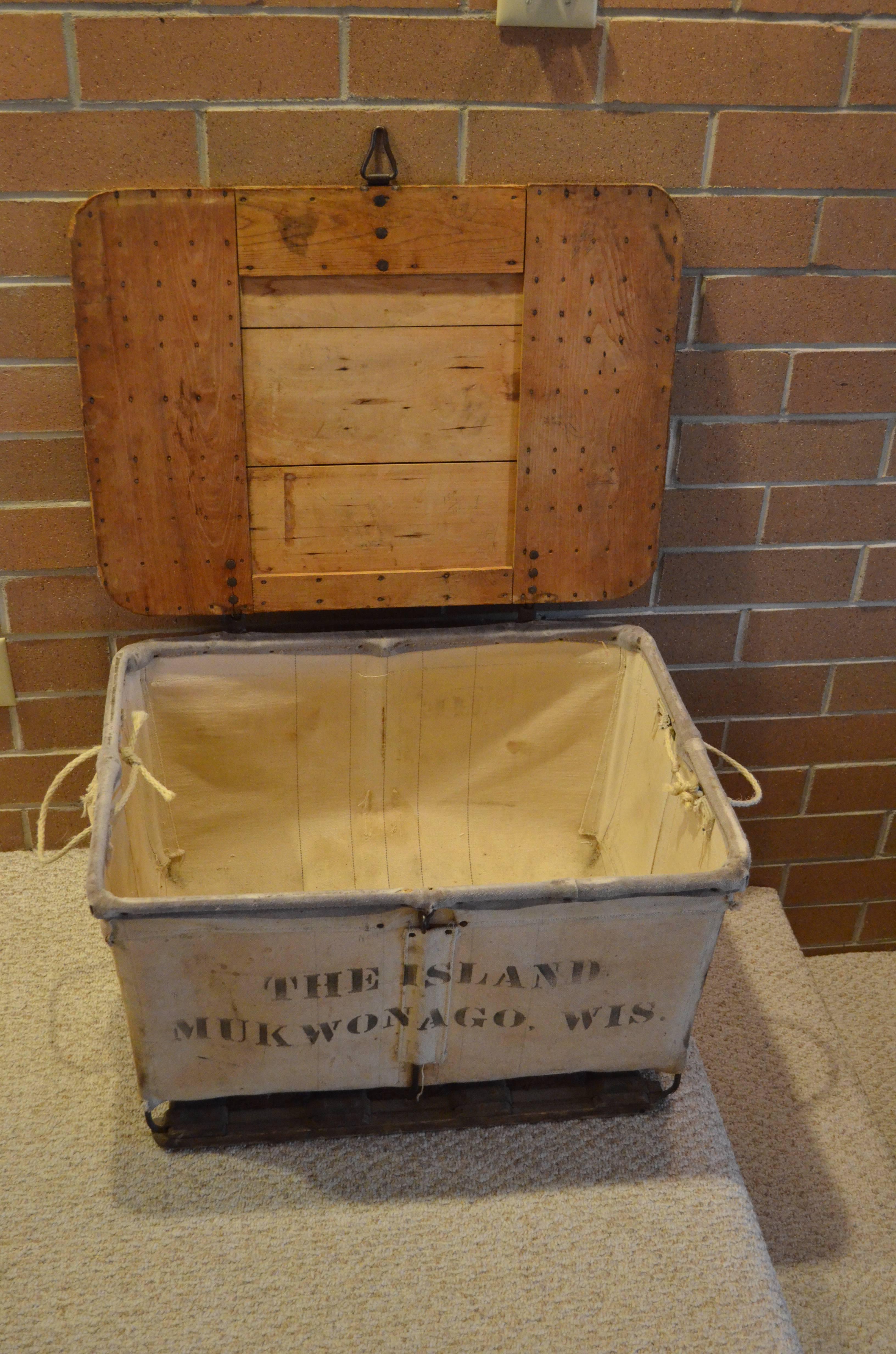 American Storage Bin of Canvas with Wood Top, Wood and Steel Frame