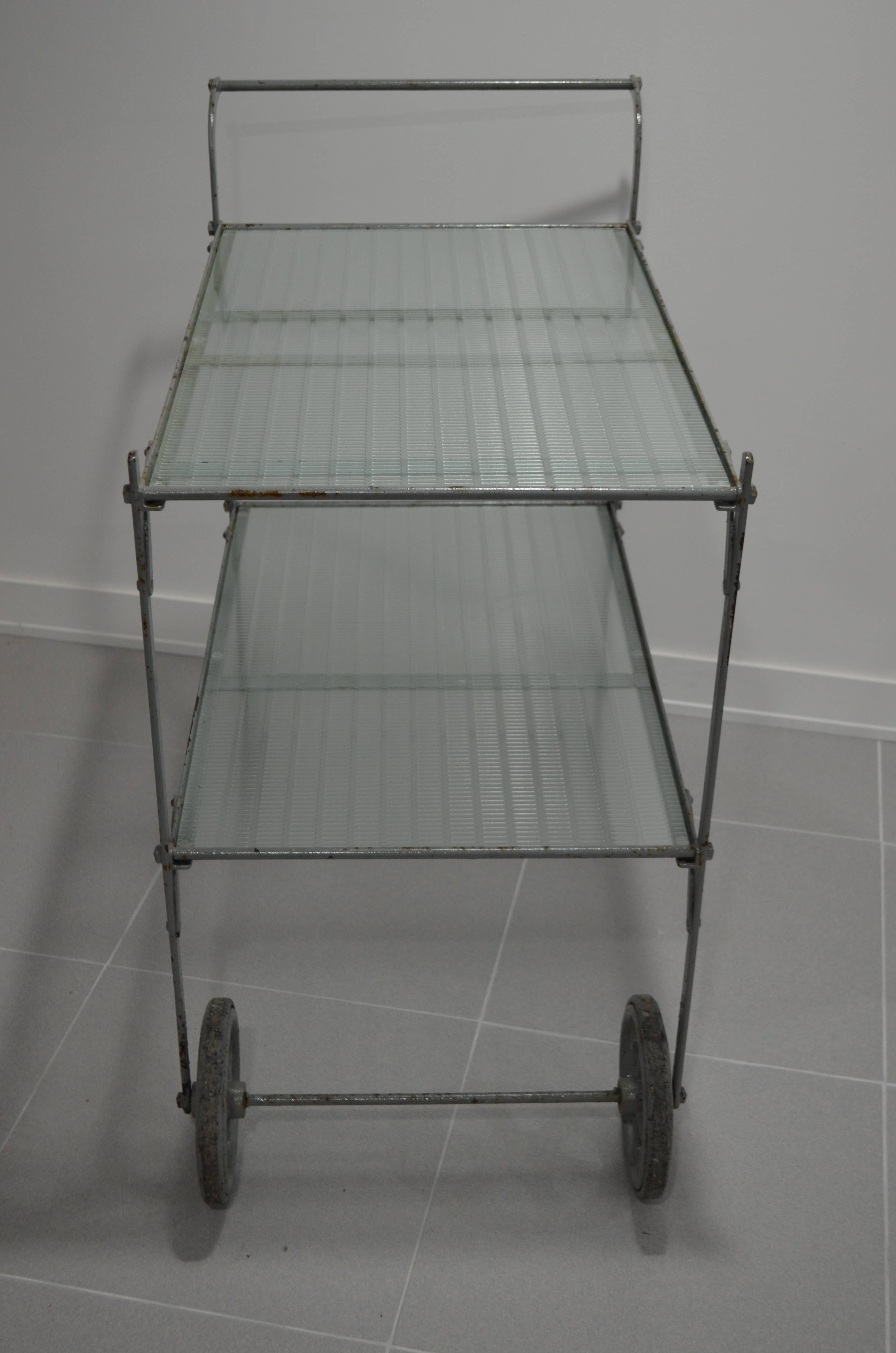 Tea Cart with Painted Steel Frame and Two Shelves of Rippled Glass For Sale 1