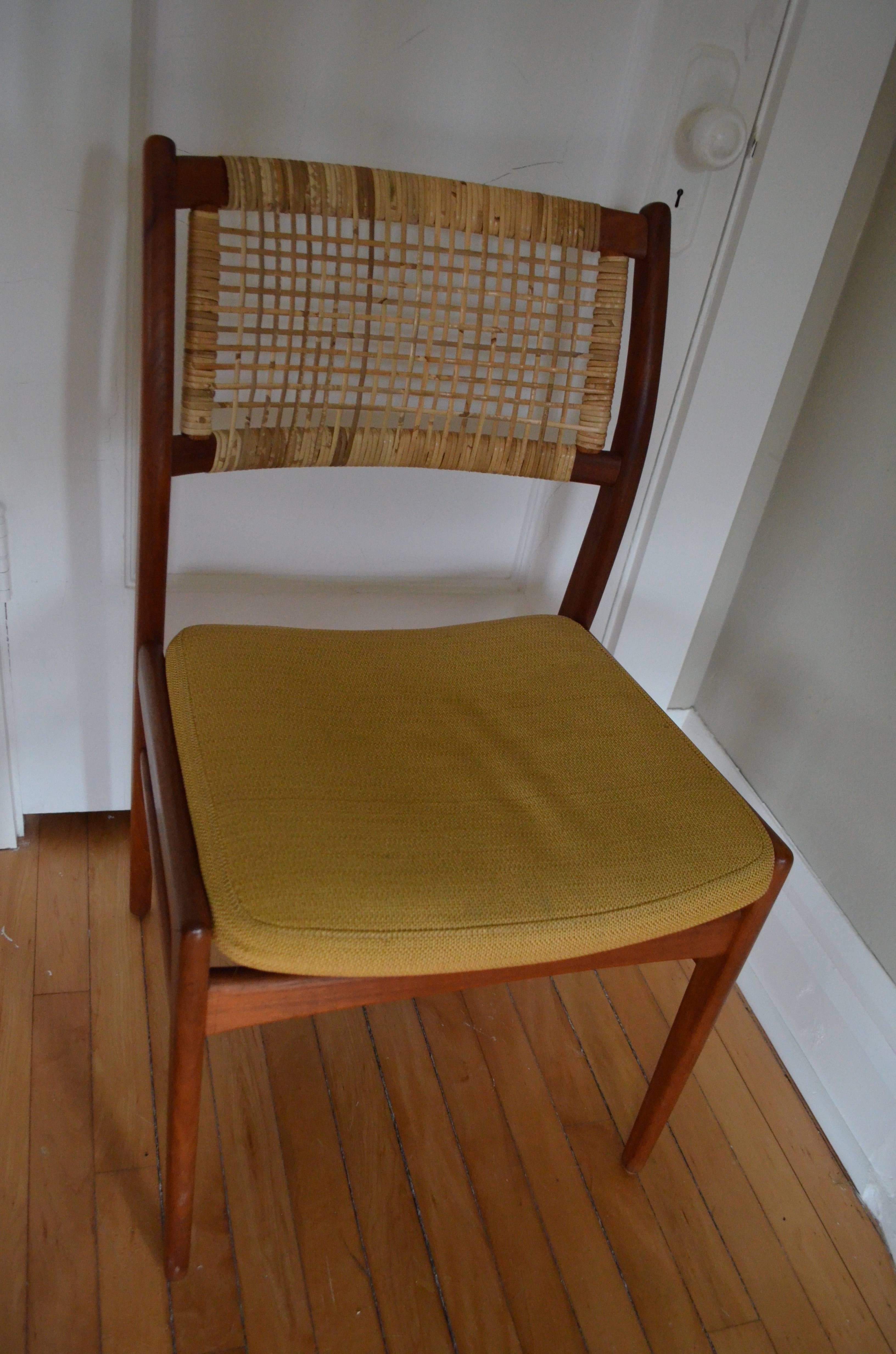 Midcentury dining room chairs from DUX of Sweden, designed by Sylve Stenquist. Set of eight. Professionally re-caned. Teak frames are in excellent shape. Will professionally reupholster to your specs with fabric provided or chosen through our