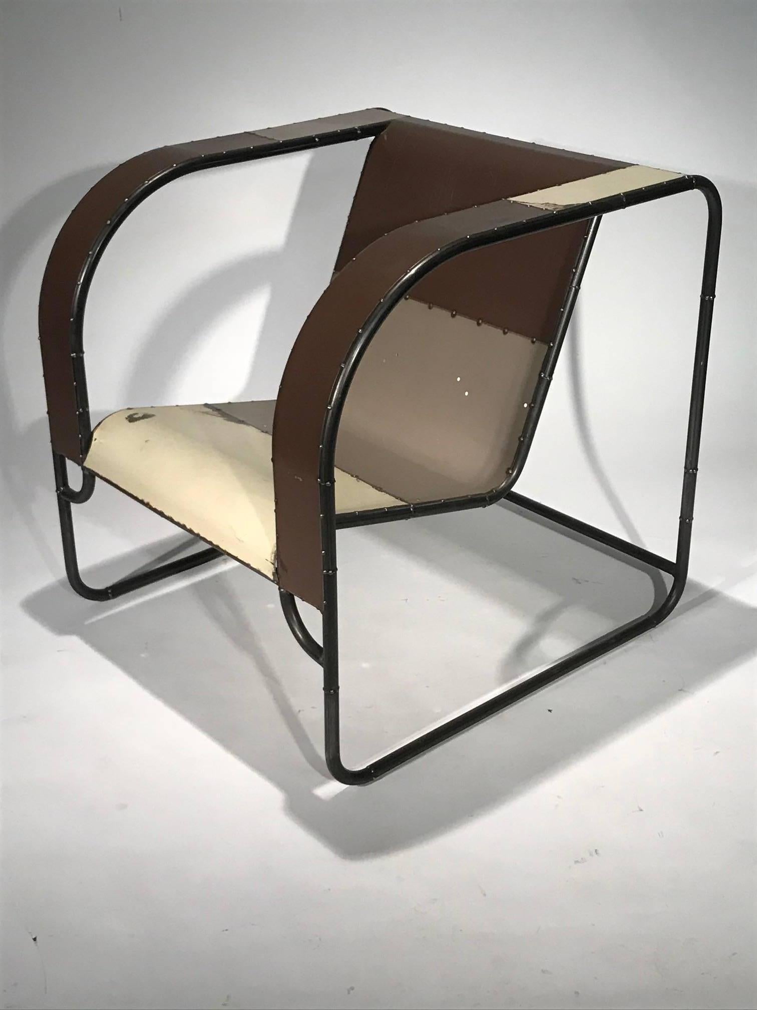 Club chair custom fabricated from reclaimed steel by Midwestern artist. Issued in a limited edition of 25.