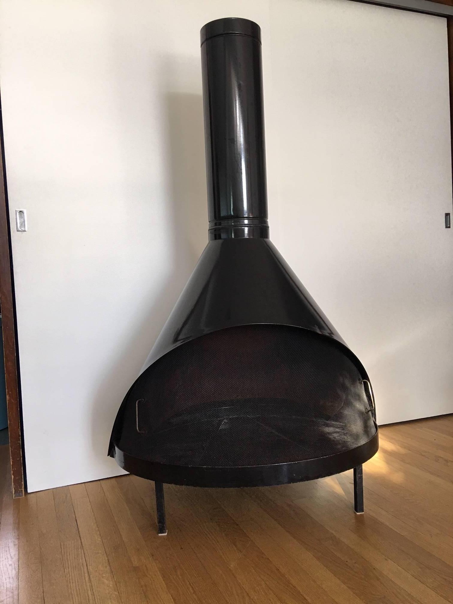 Preway standalone fireplace in jet black, circa 1960.