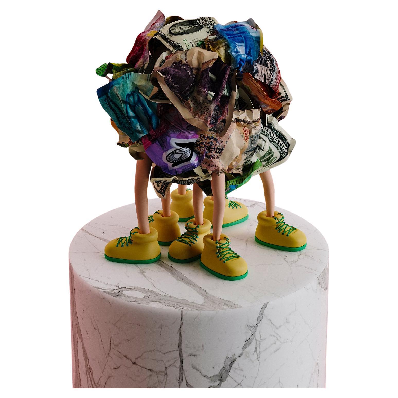 Esta escultura encarna el flujo continuo del intercambio de dinero: dinero por dinero, dinero por bienes, dinero por servicios. Cada billete pasa ininterrumpidamente de mano en mano. El artista compara este flujo con el movimiento de los átomos, que