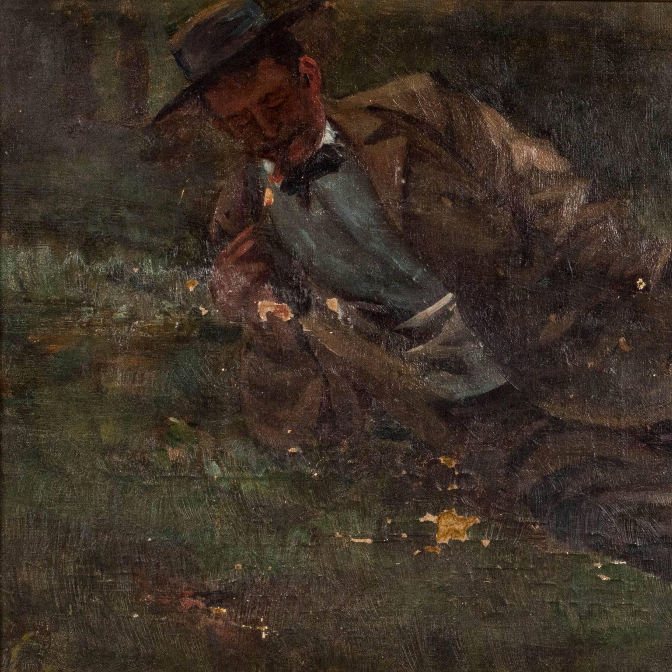 Original oil painting of a Victorian gentleman holding a box of matches and lighting his cigar while reclining in a forest setting. There are areas of age related paint loss scattered across the canvas. The painting is mounted in a gold painted