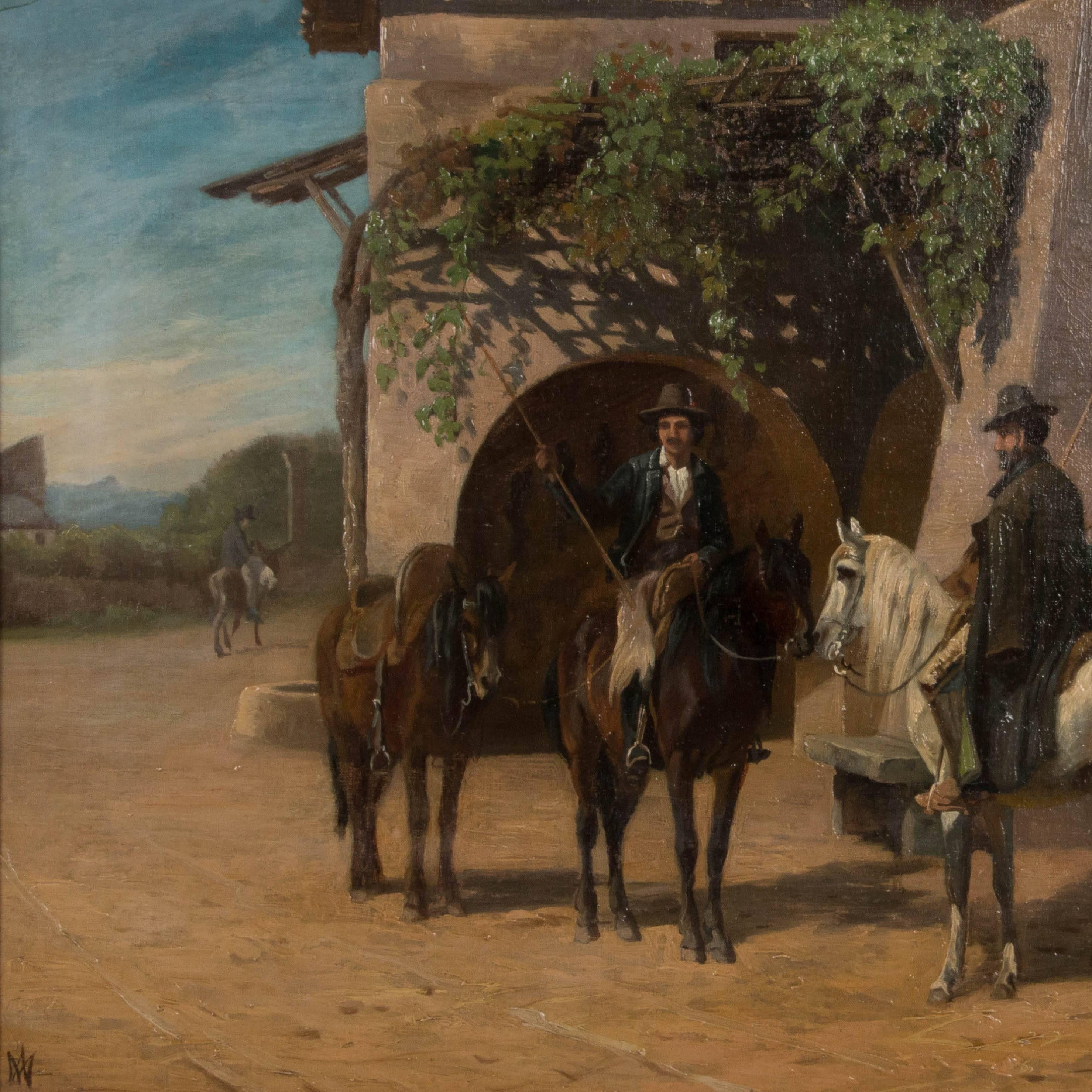Original oil on canvas painting of three men on horseback talking on a village street, by Danish artist Adolf Henrik Mackeprang (1833-1911).
The painting is signed with a monogram AM in the lower left and mounted in a natural wood frame. Please take