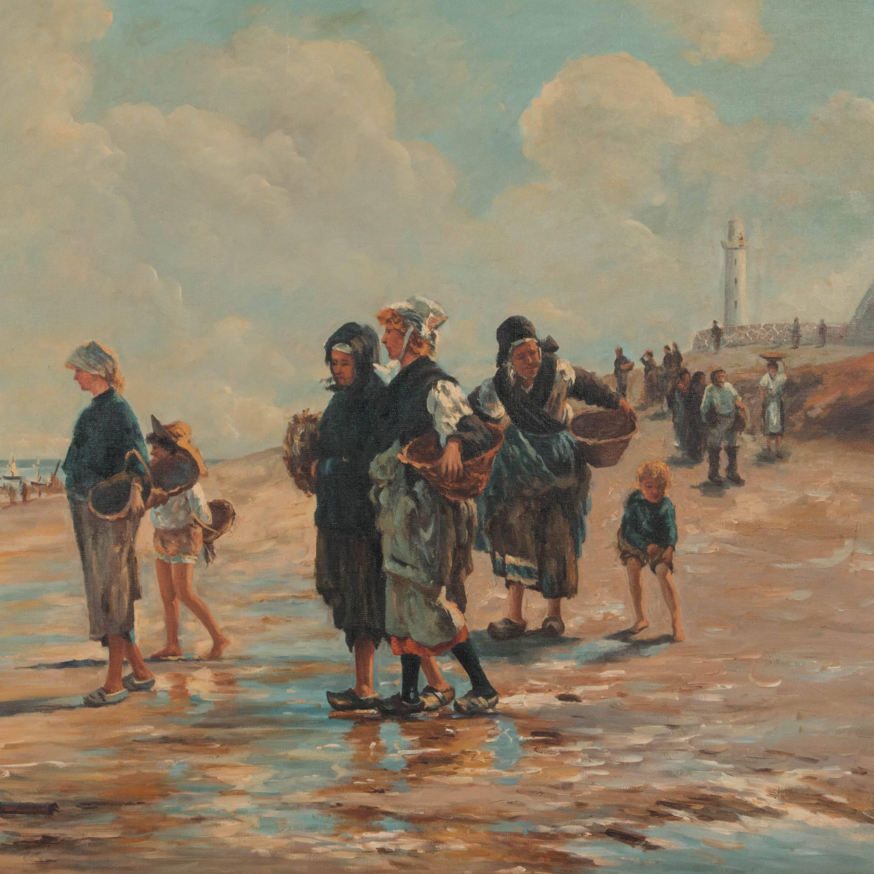 Vintage oil painting on canvas of women with oyster baskets on the beach by Jose Ricardo after John Singer Sargent's masterpiece titled 'Oyster Gatherers of Cancale'. The painting is signed in the lower left and mounted in a giltwood and gesso
