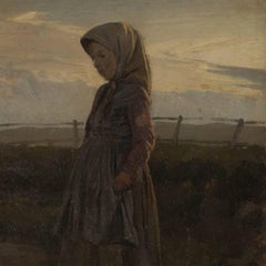 Antique 19th Century Danish Oil Painting of a Farm Girl