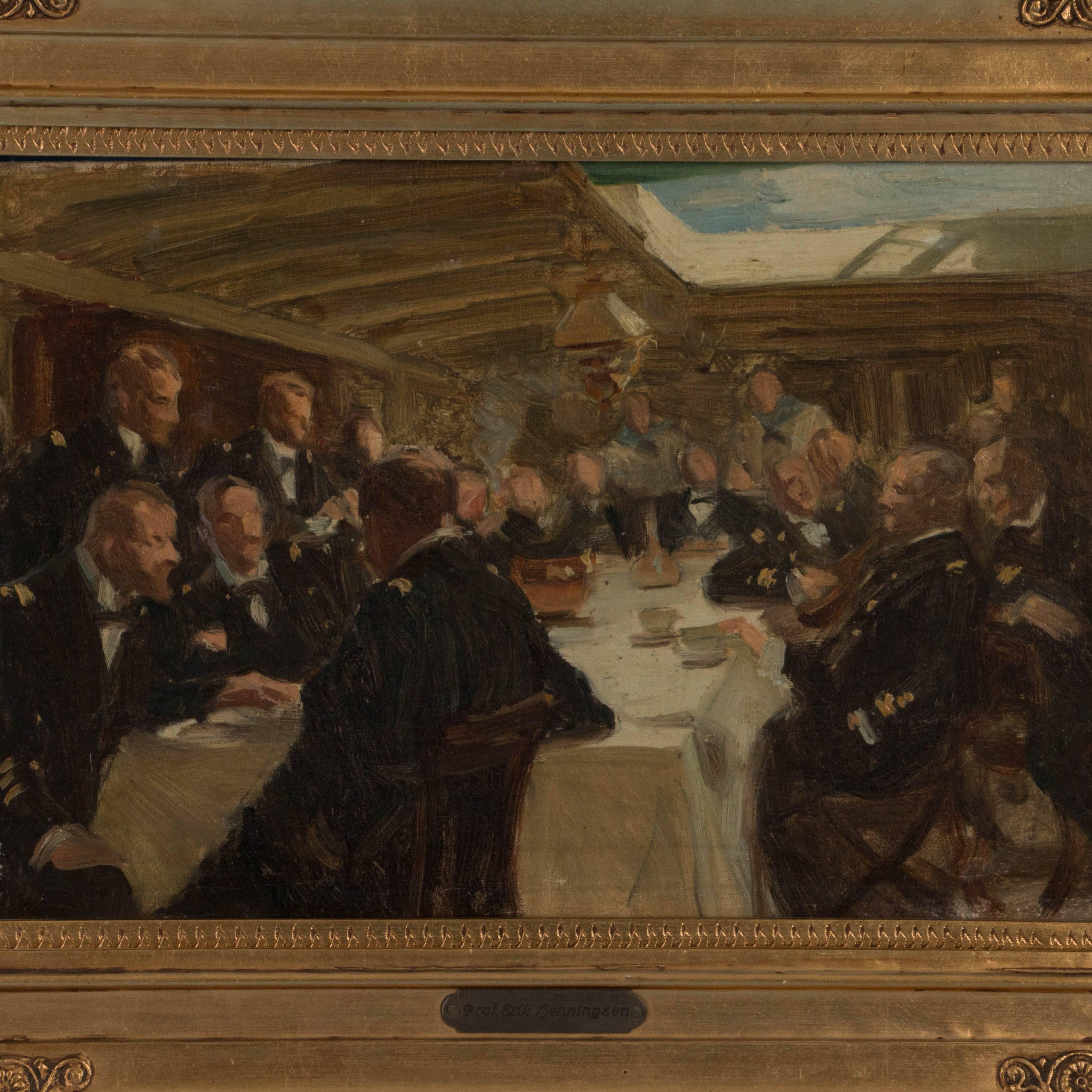 This engaging original oil painting, a meeting of naval officers aboard the Danish steam frigate Jylland, is by Eric Henningsen (1855-1930). Most notable is how the painting draws you into the room to become part of the discussion. The painting