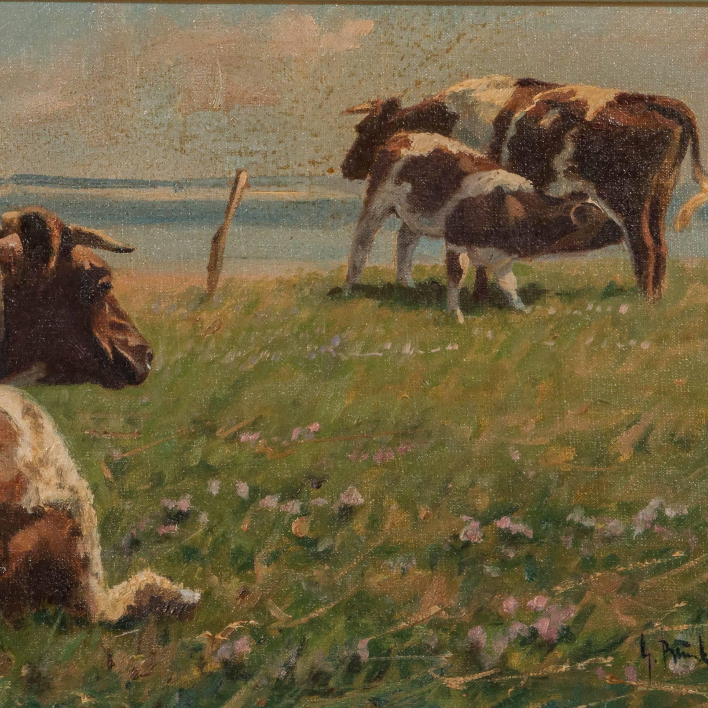 Original oil on canvas pastoral scene of grazing cows with a sandy beach and breaking waves beyond. The painting is signed in the lower right G. Bundgaard and mounted in a gold painted wood and gesso frame. Please take a moment to enlarge the photos