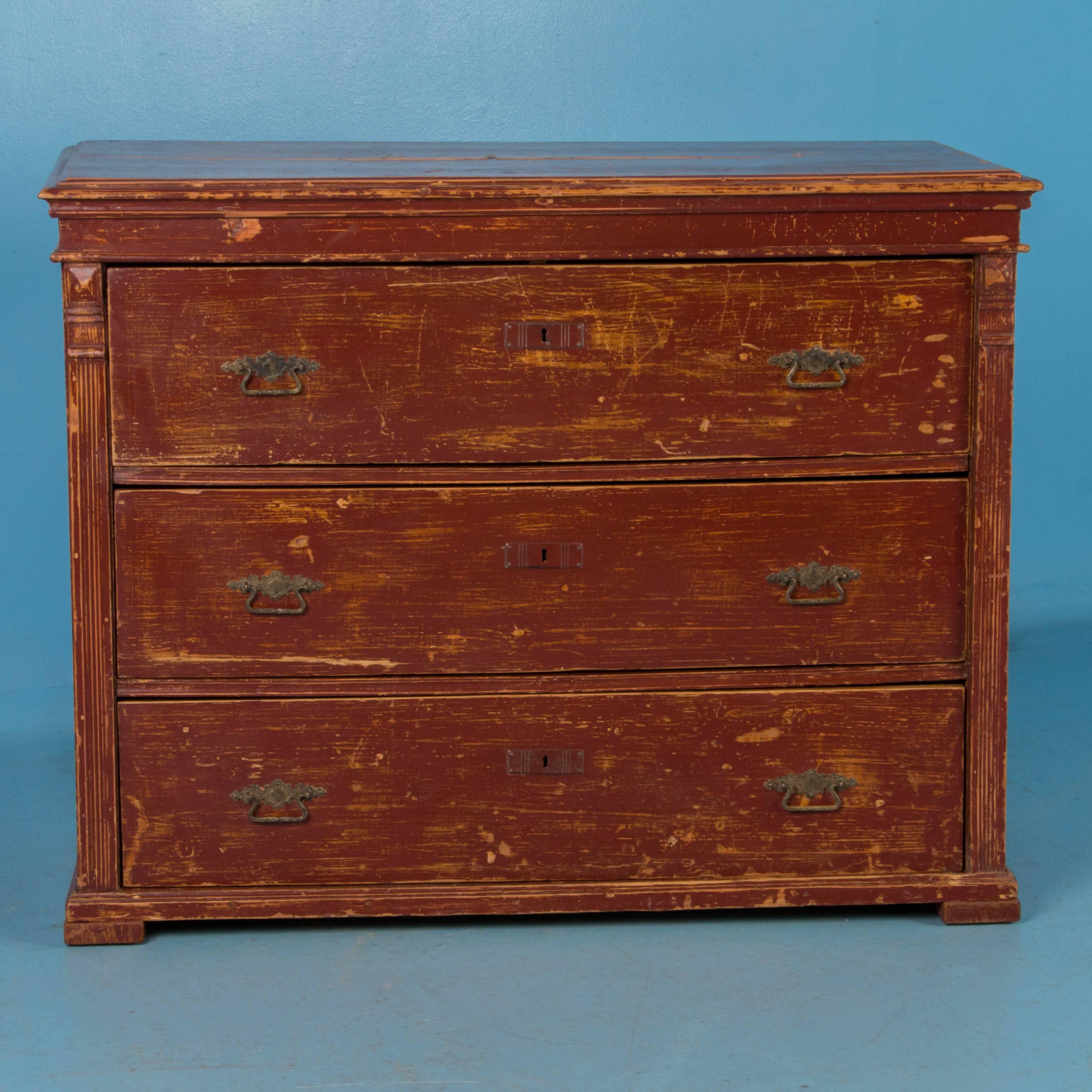 Hungarian Original Brick Red Painted Chest of Drawers from Hungary, 19th Century Antique