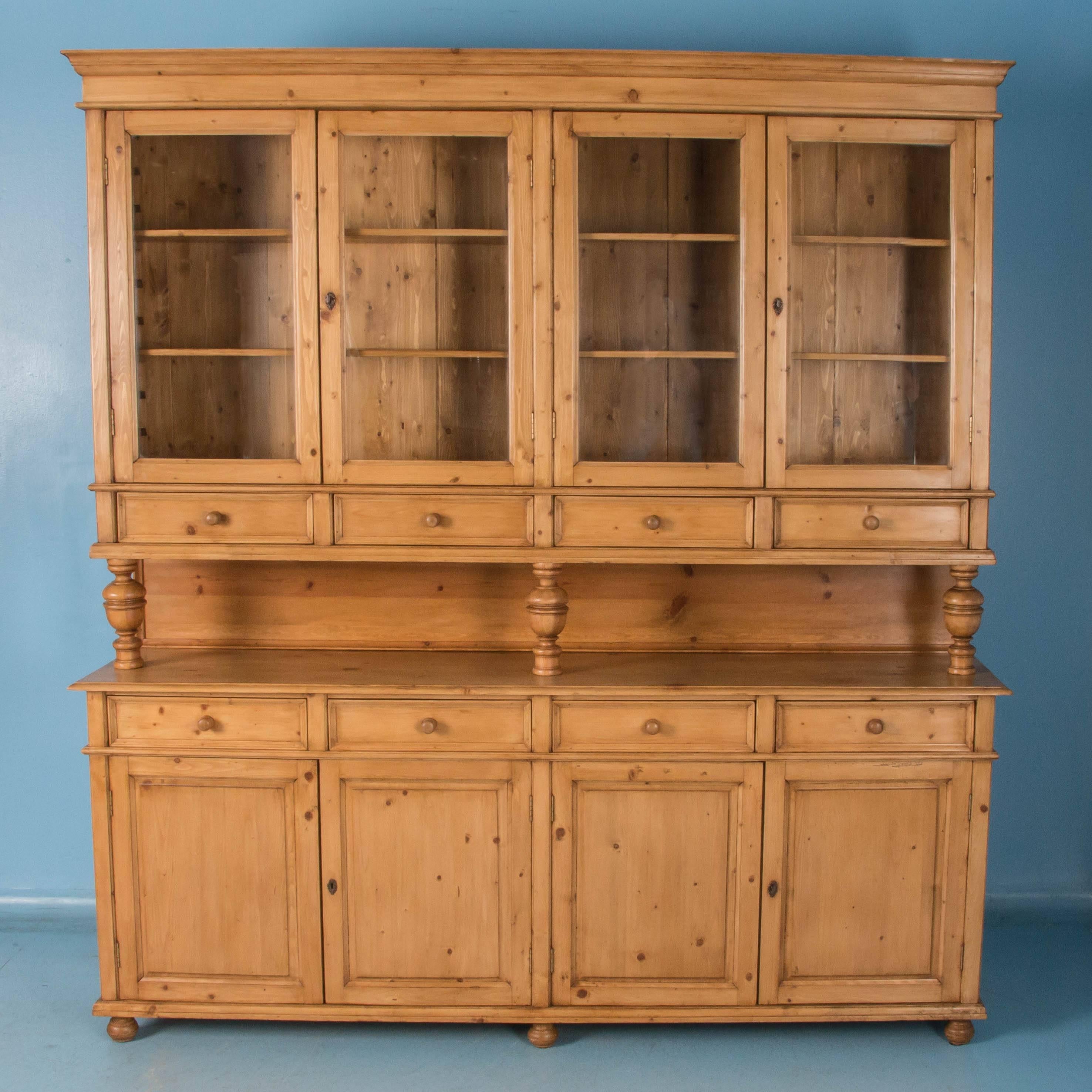 20th Century Large English Pine Breakfront Bookcase Display Cabinet