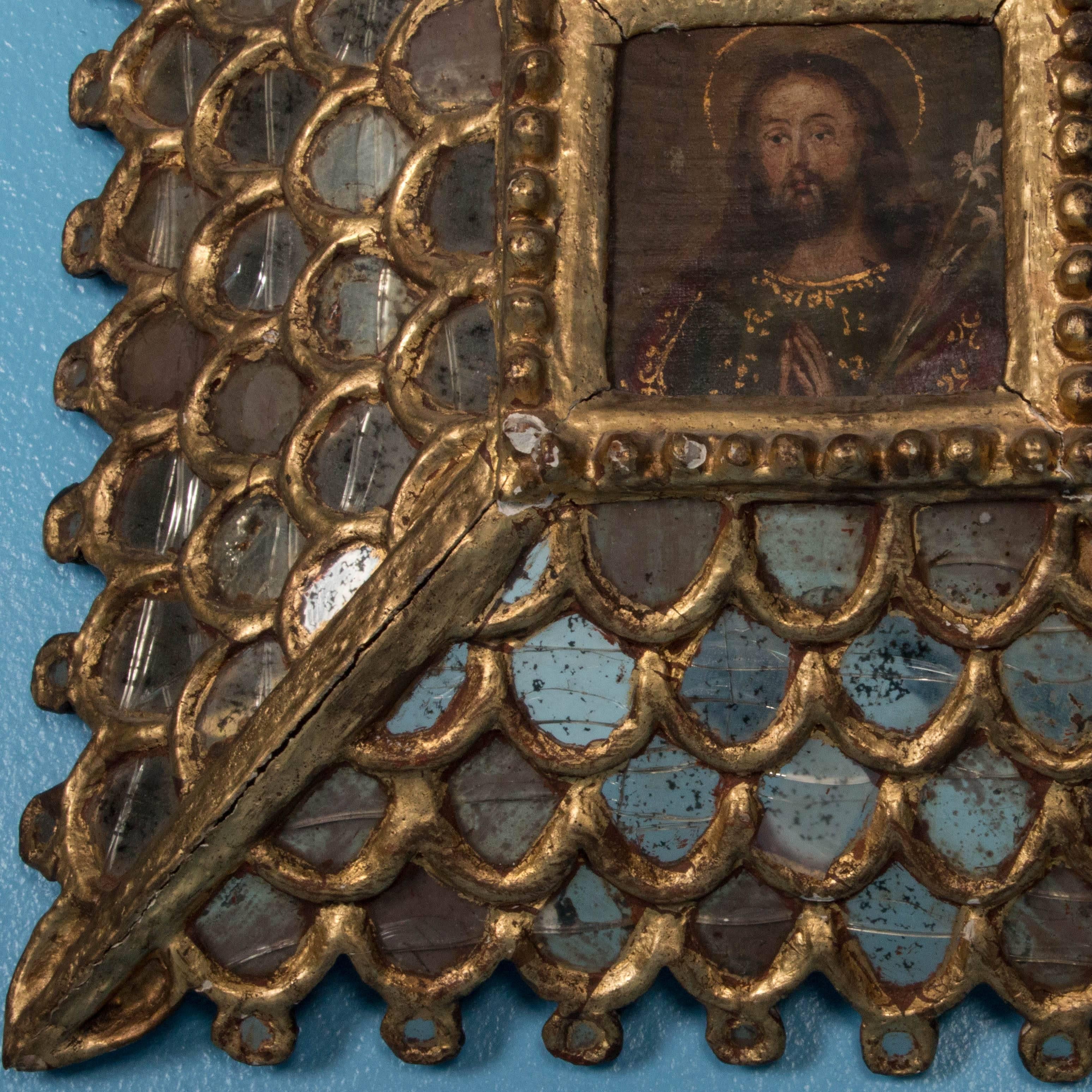 Antique Russian Icon Painting of Christ with Mirrored Frame 1