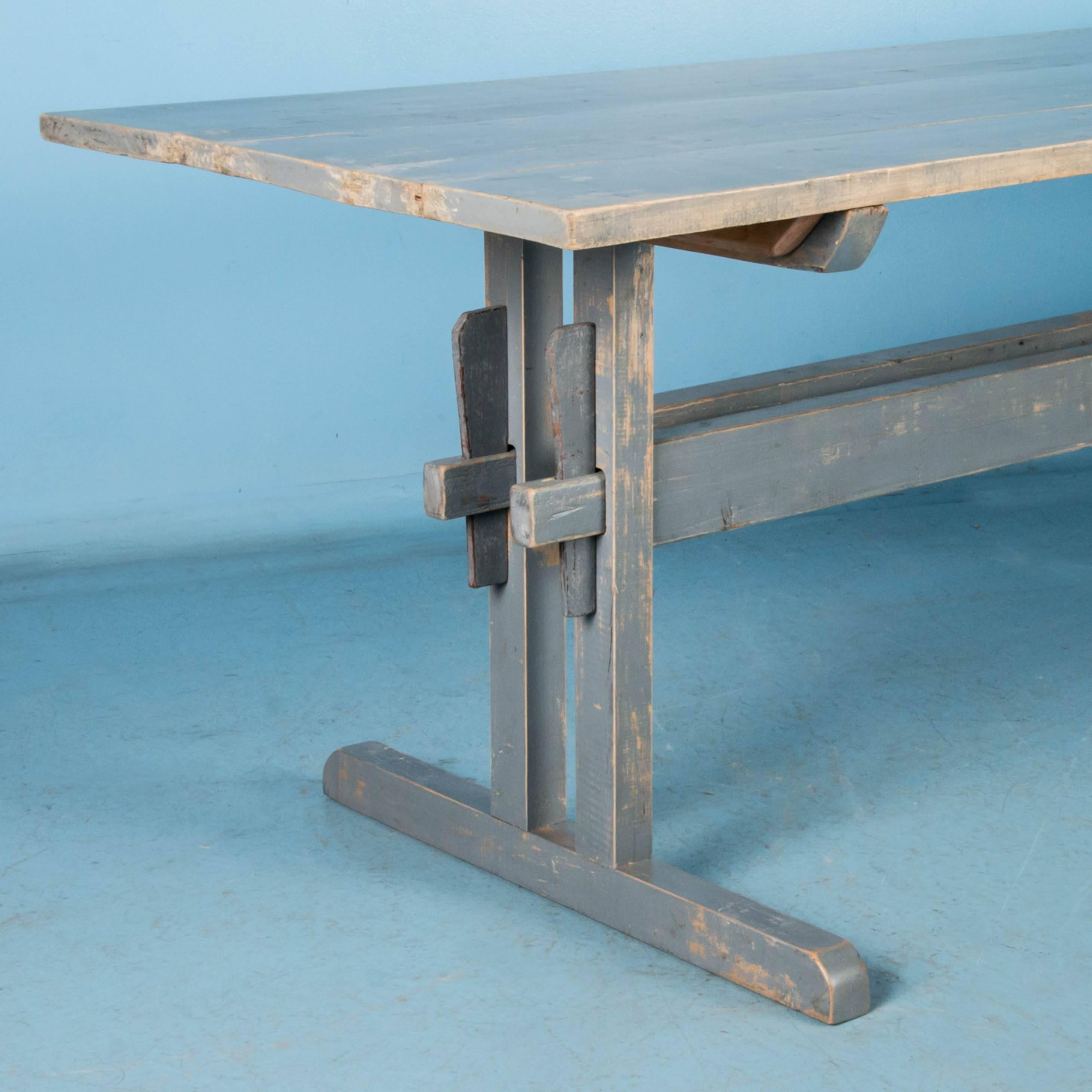 Swedish Long Antique Country Pine Trestle Table with Original Gray Paint