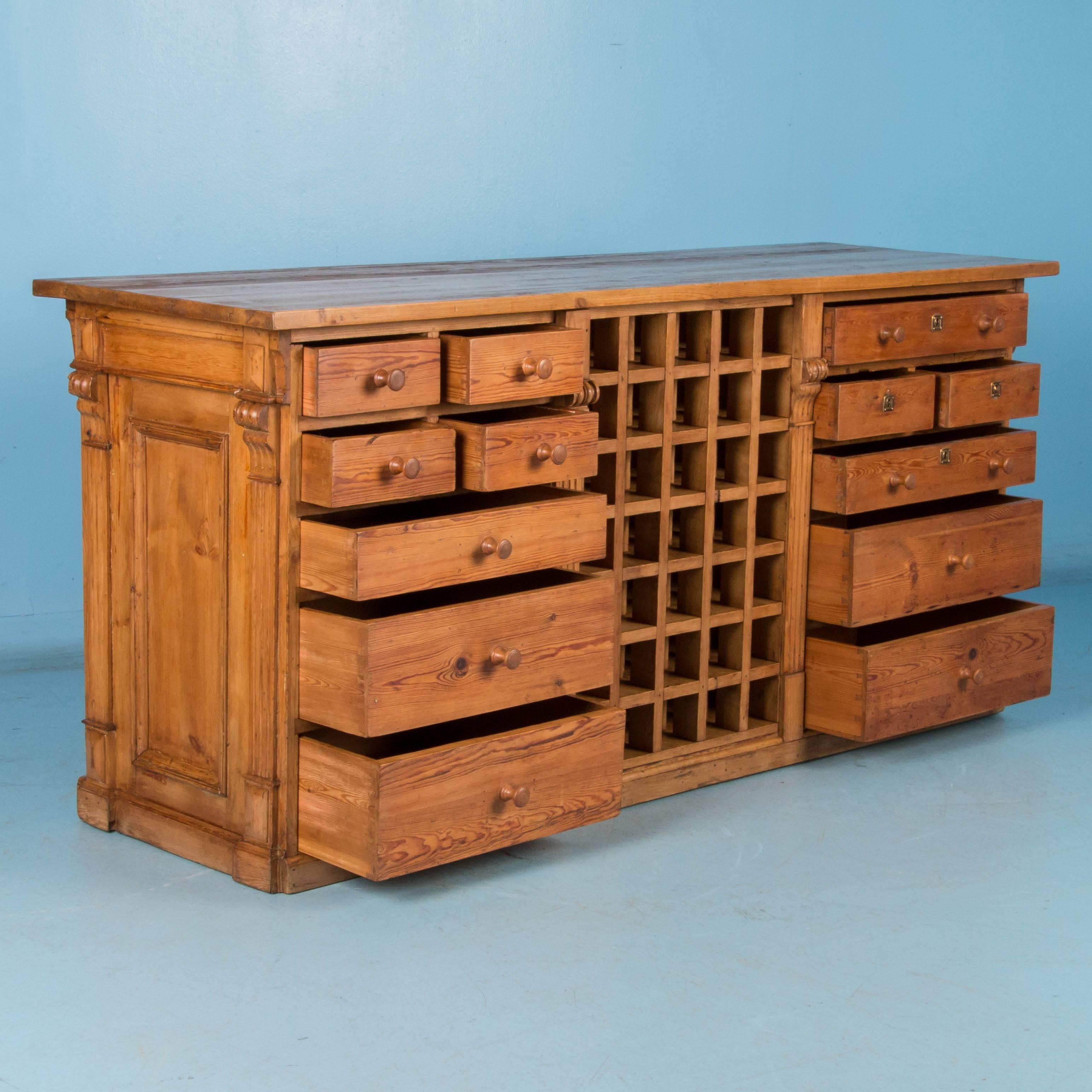 Antique Free Standing Danish Pine Kitchen Island with Built in Wine Rack In Good Condition In Round Top, TX