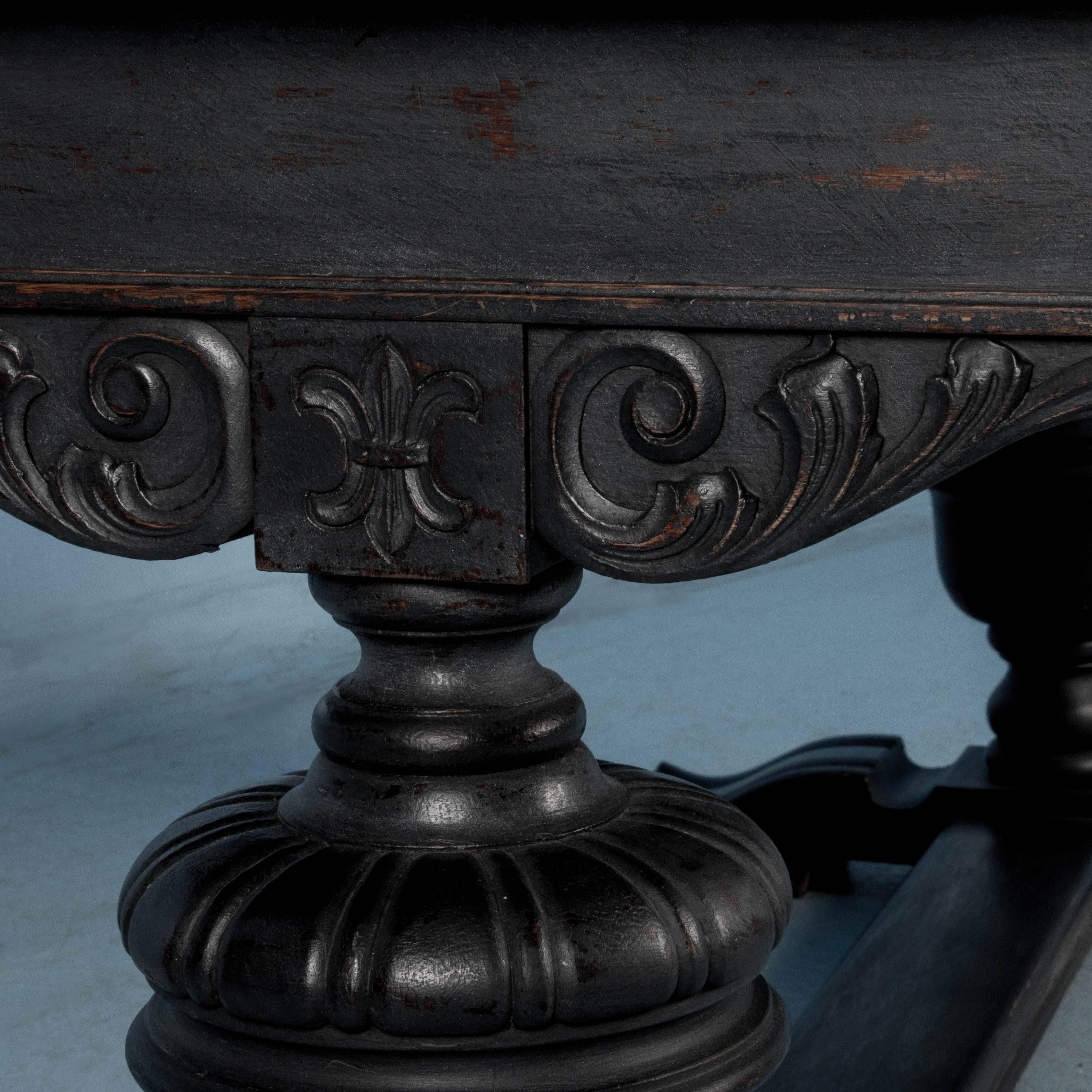 Danish Antique Hand-Carved Library Table Desk from Denmark Painted Black