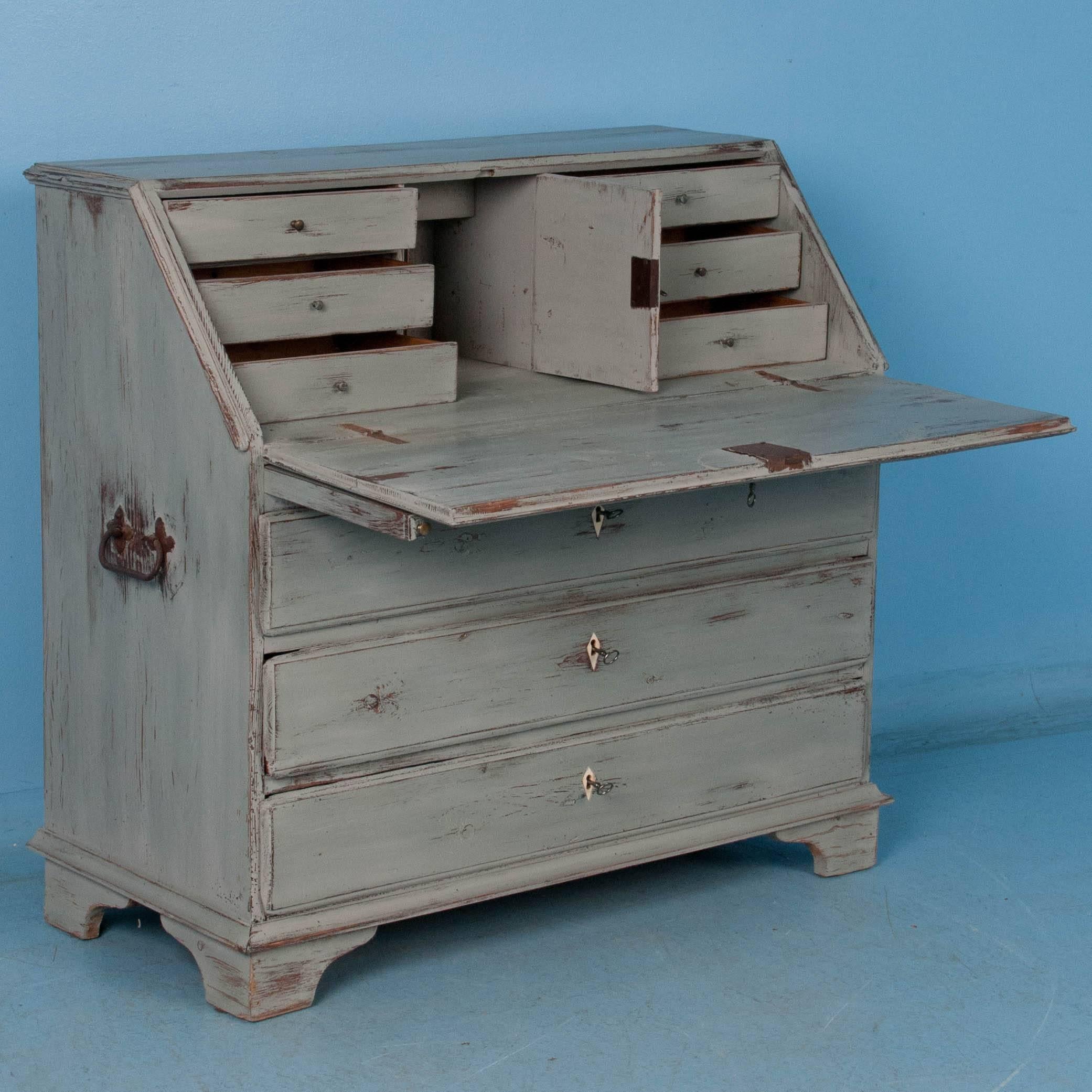 Delightful Antique Drop Front Bureau Desk with Soft Gray Paint In Good Condition In Round Top, TX