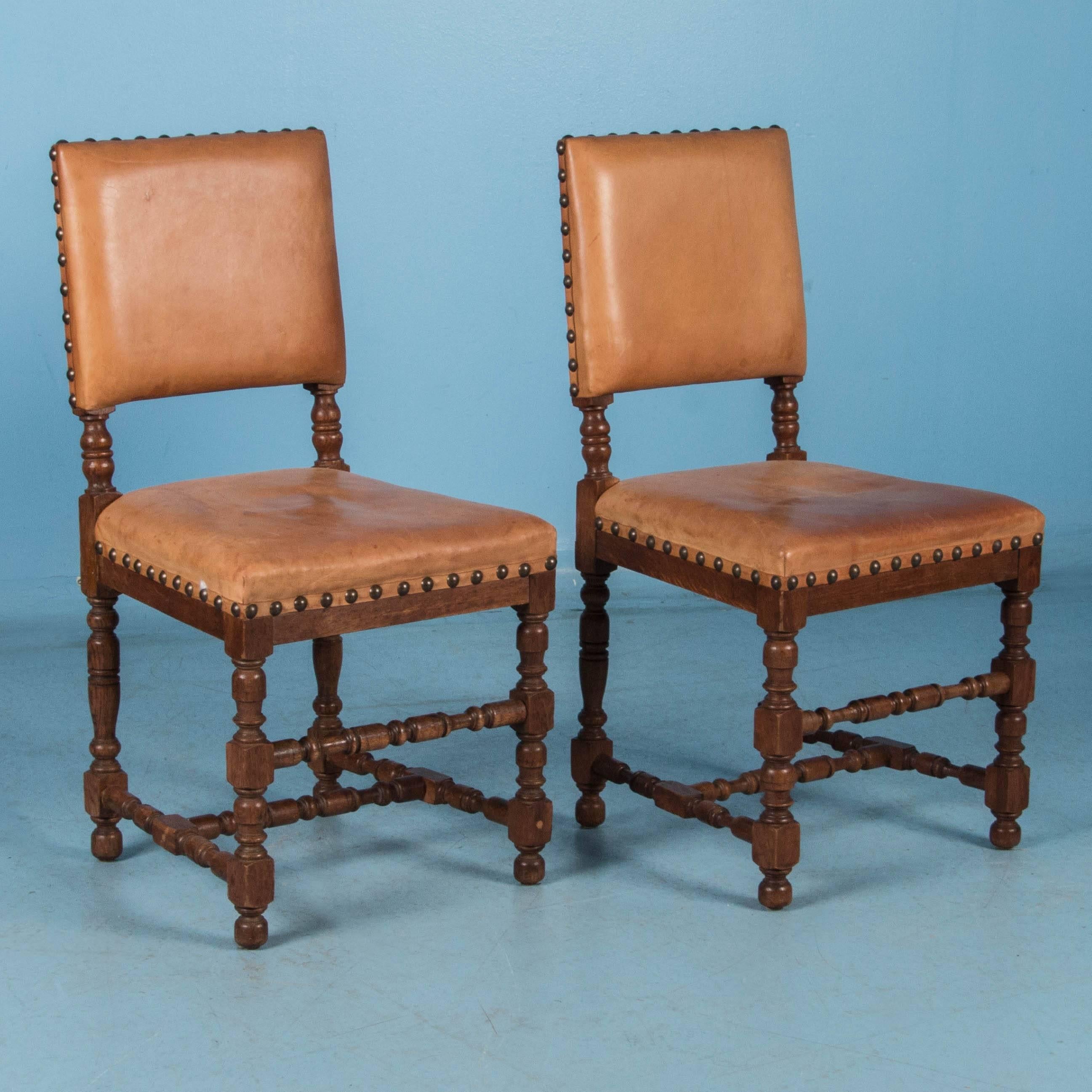 Set of Six Vintage Leather and Oak Dining Chairs 1