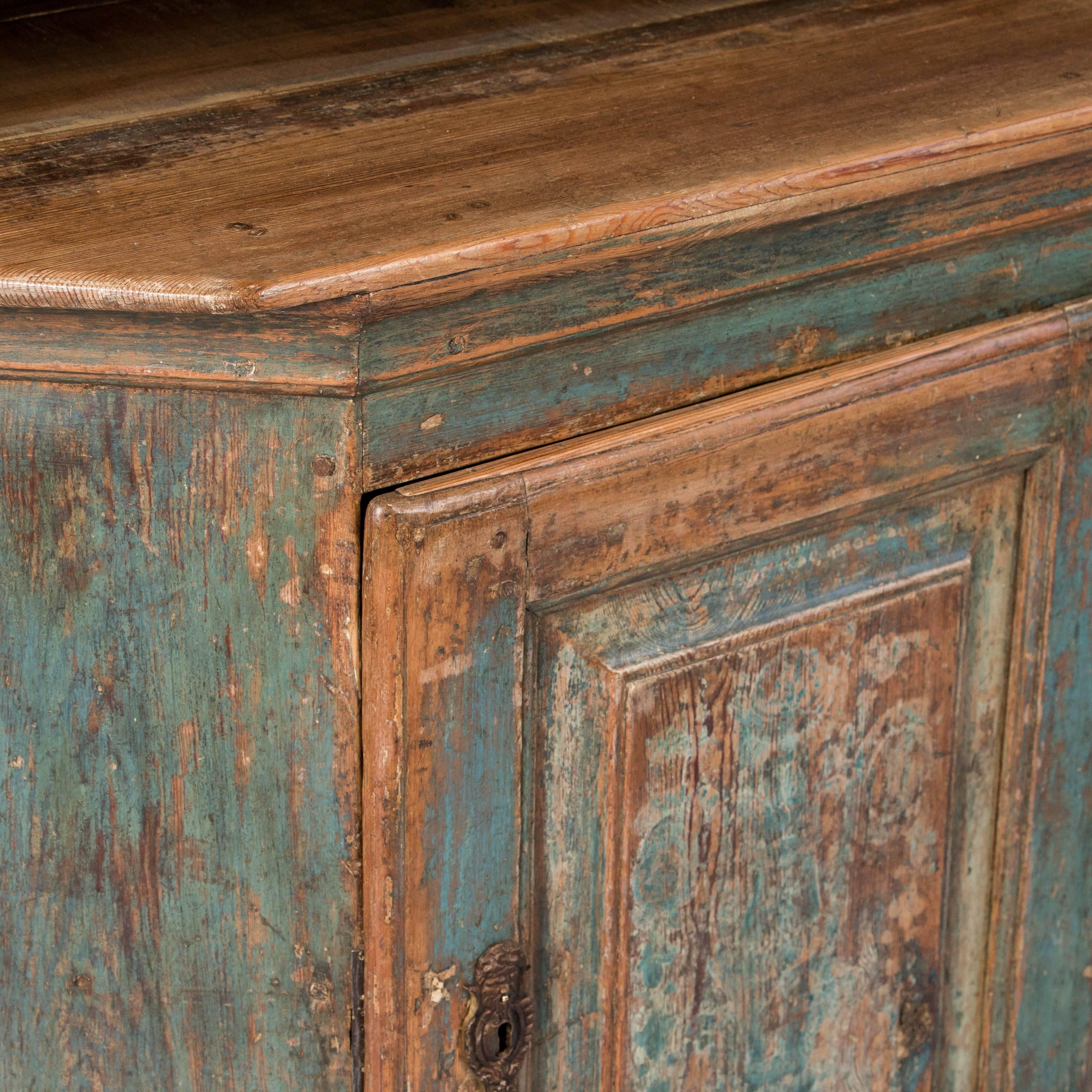 Wood Antique Hand-Painted Blue Swedish Folk Art Cabinet Cupboard