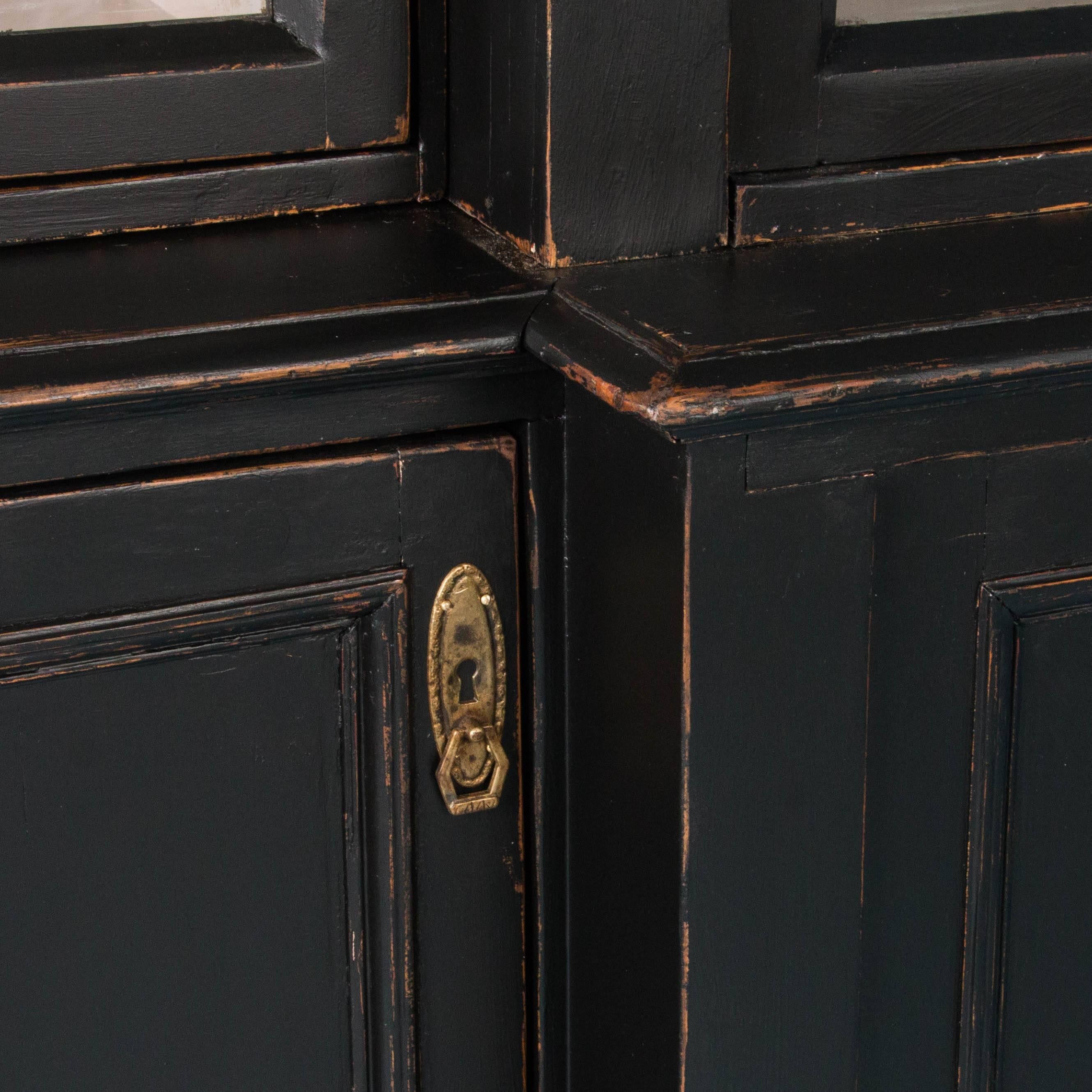 19th Century Large Antique Danish Breakfront Bookcase Display Cabinet Painted Black