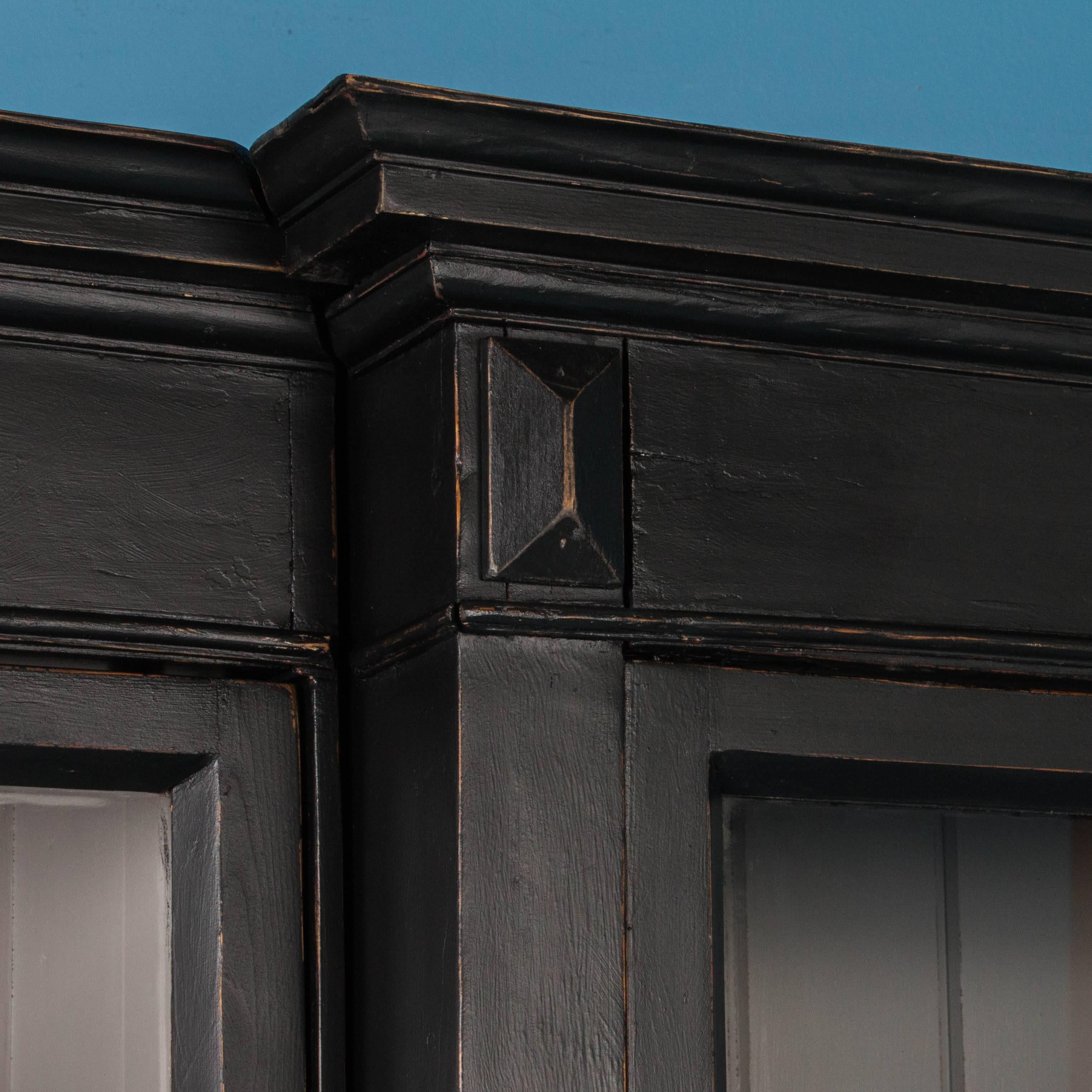 Large Antique Danish Breakfront Bookcase Display Cabinet Painted Black In Good Condition In Round Top, TX