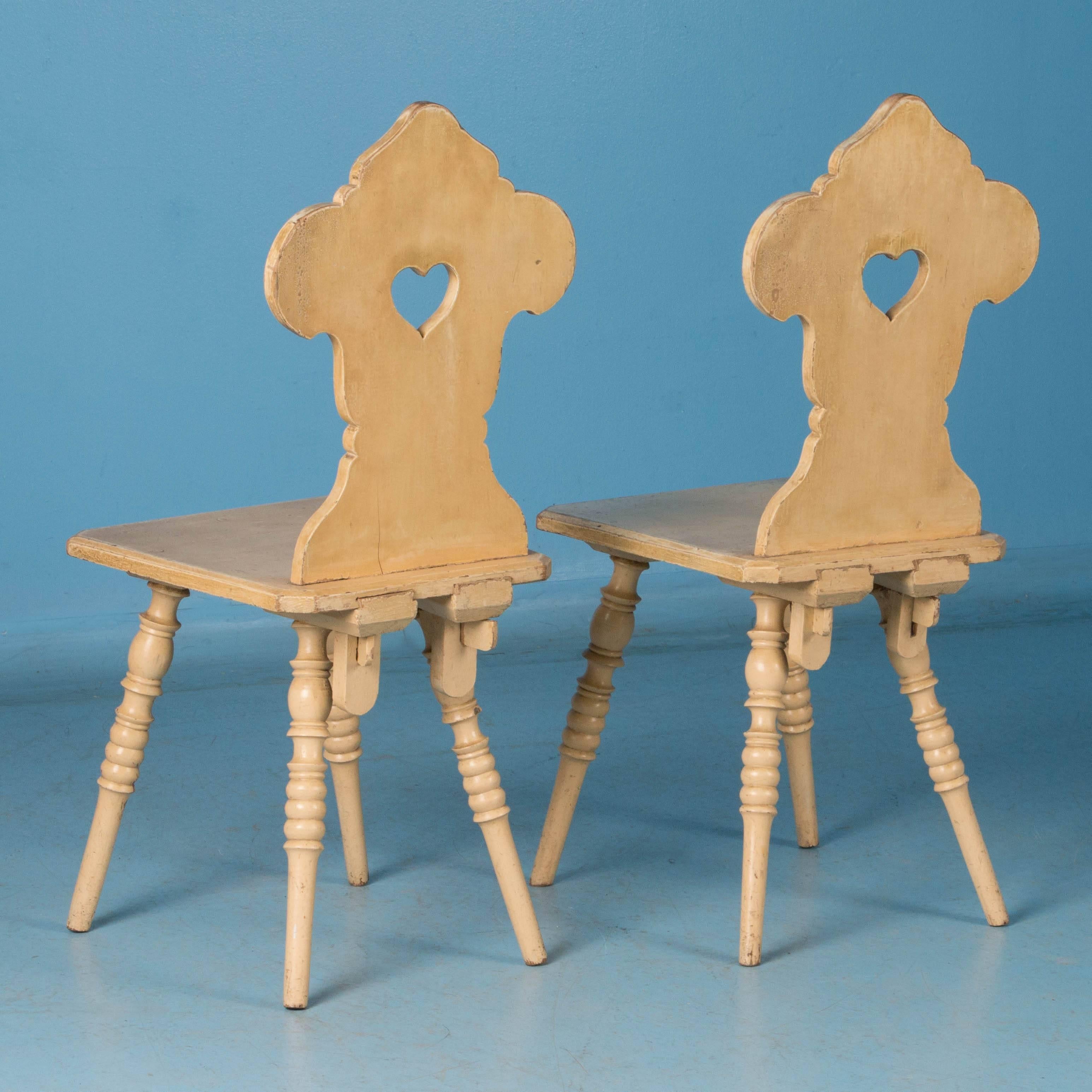 Austrian Pair of Antique Folk Art Yellow Painted Side Chairs