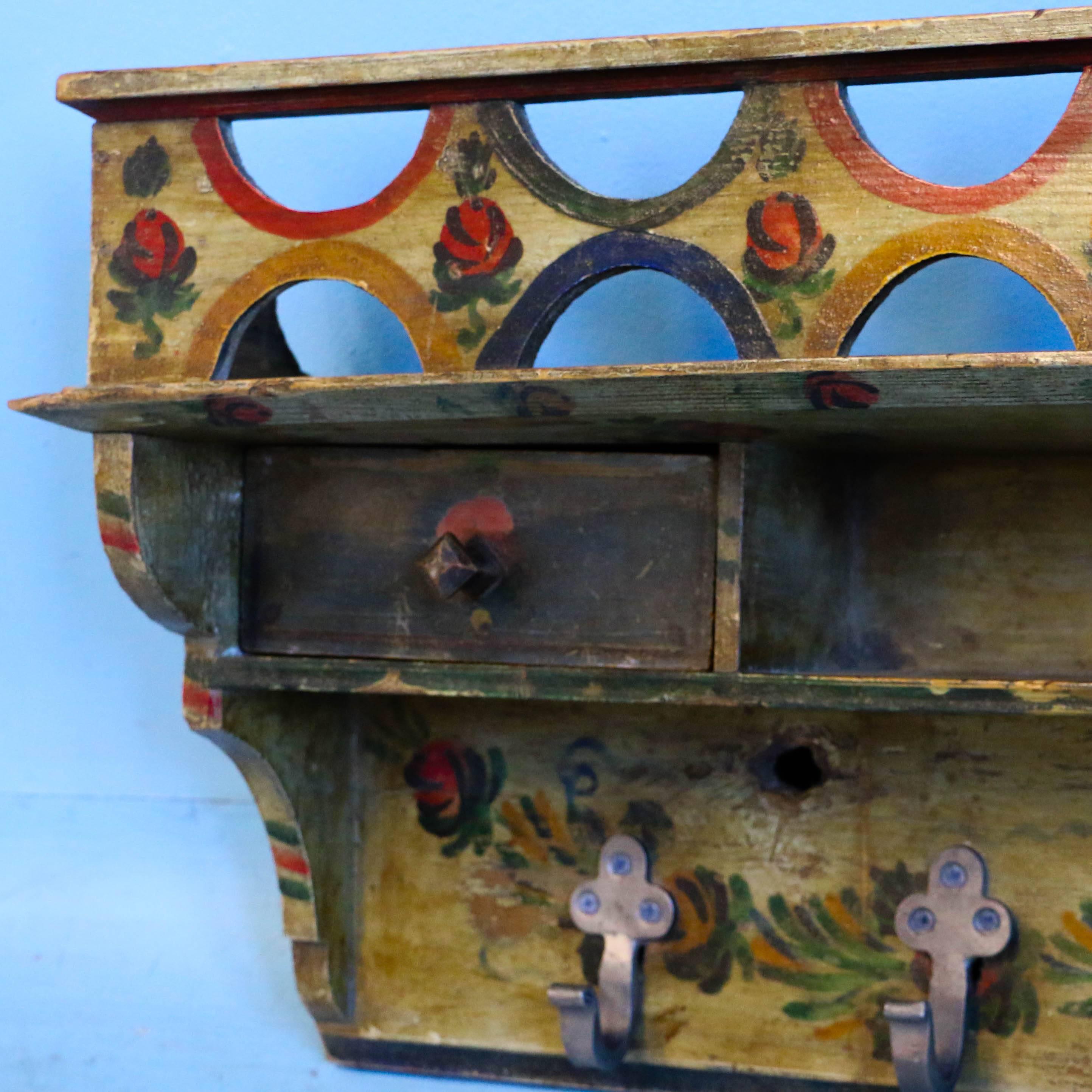 Antique Hungarian Folk Art Painted Wall Rack In Good Condition In Round Top, TX
