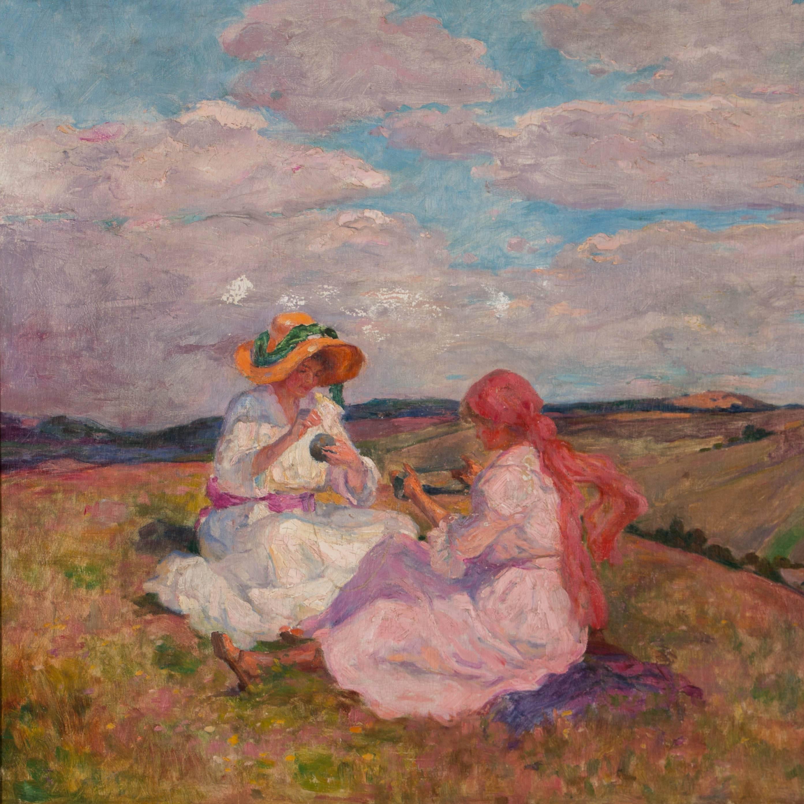 Hungarian Antique Oil LandscapePainting of Two Girls on Hilltop, signed Valerie Telkessy