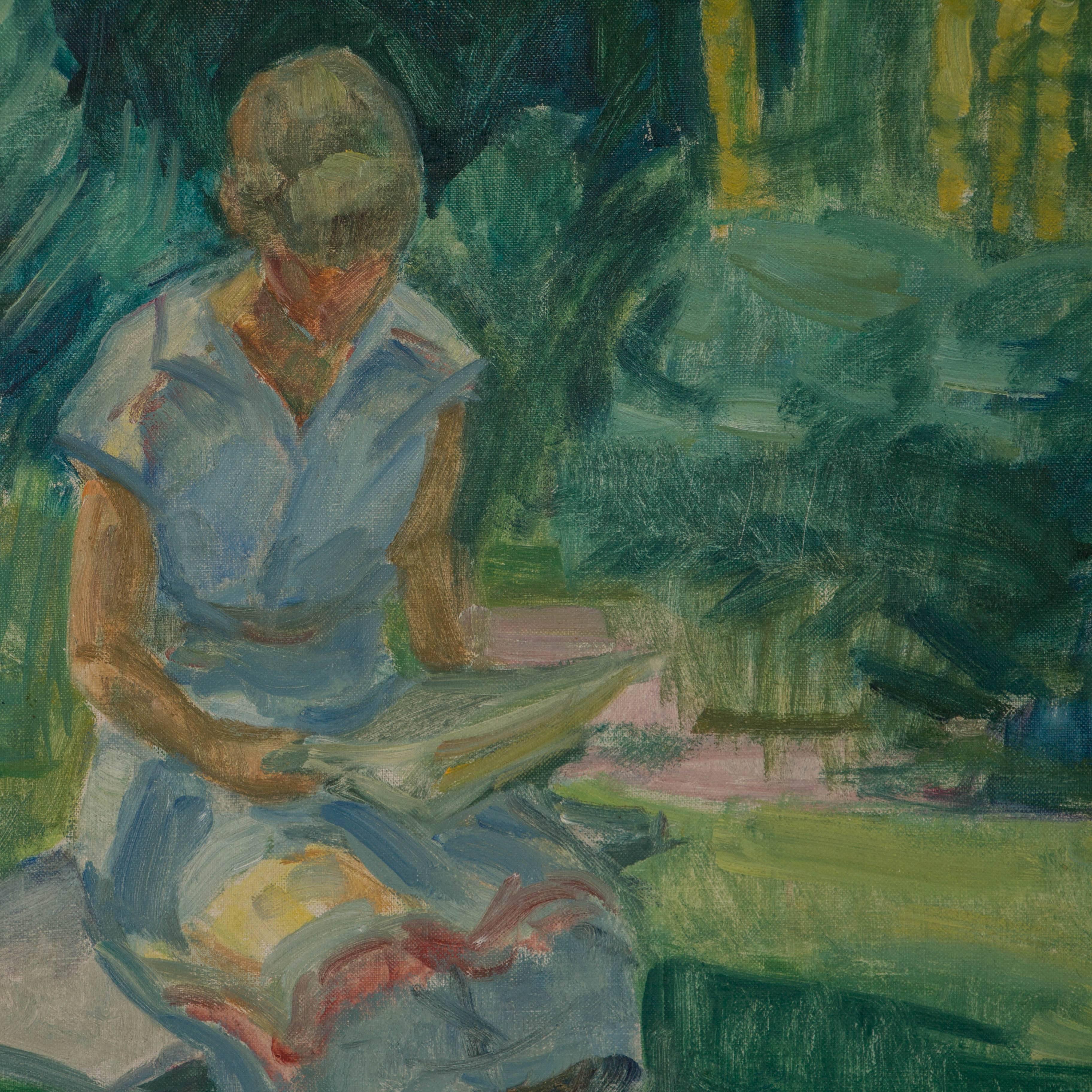 Danish Vintage Oil Painting of a Girl Reading on a Bench by Robert Leepin