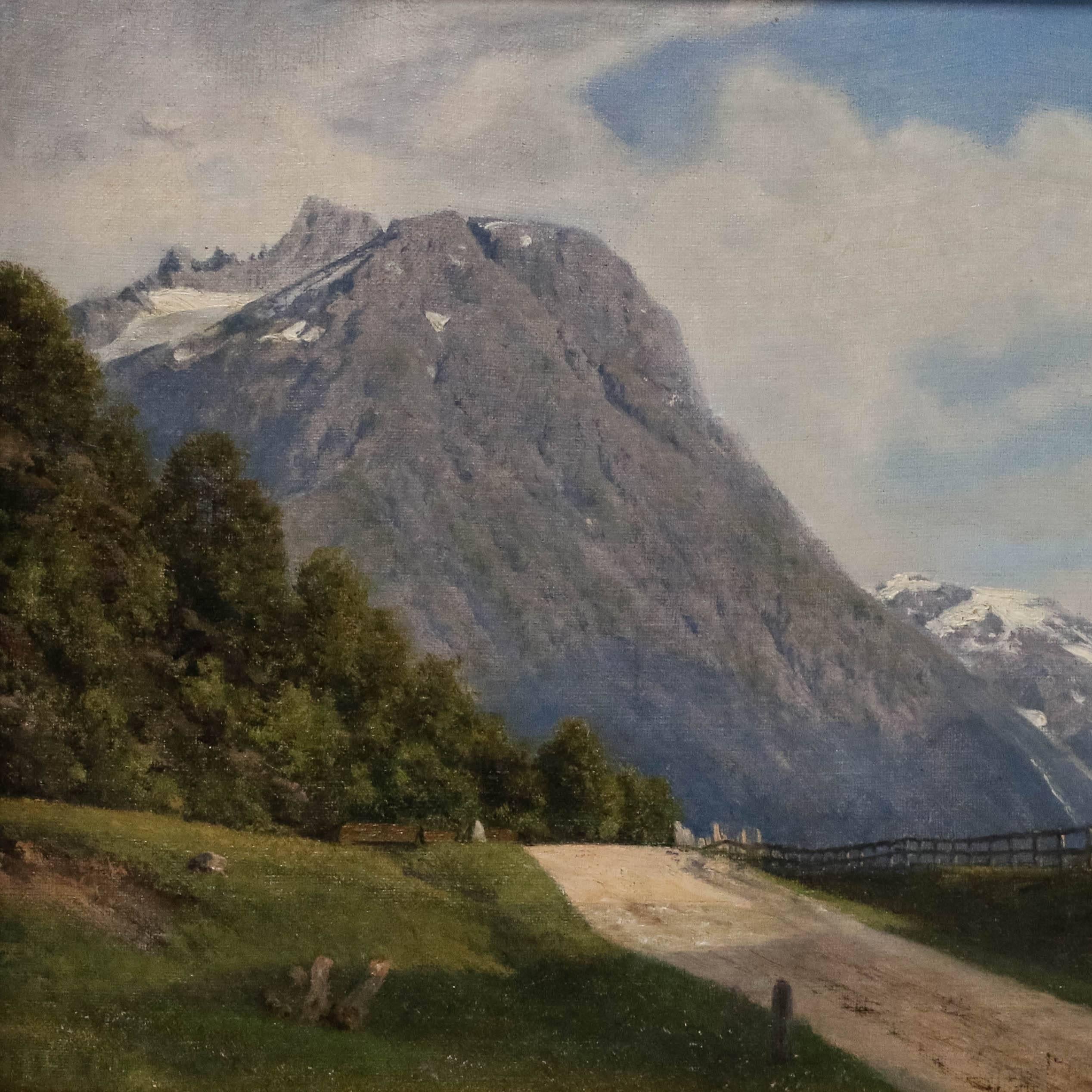 Antique Oil on Canvas Painting of a Norwegian Landscape, Signed Georg E Libart In Good Condition In Round Top, TX
