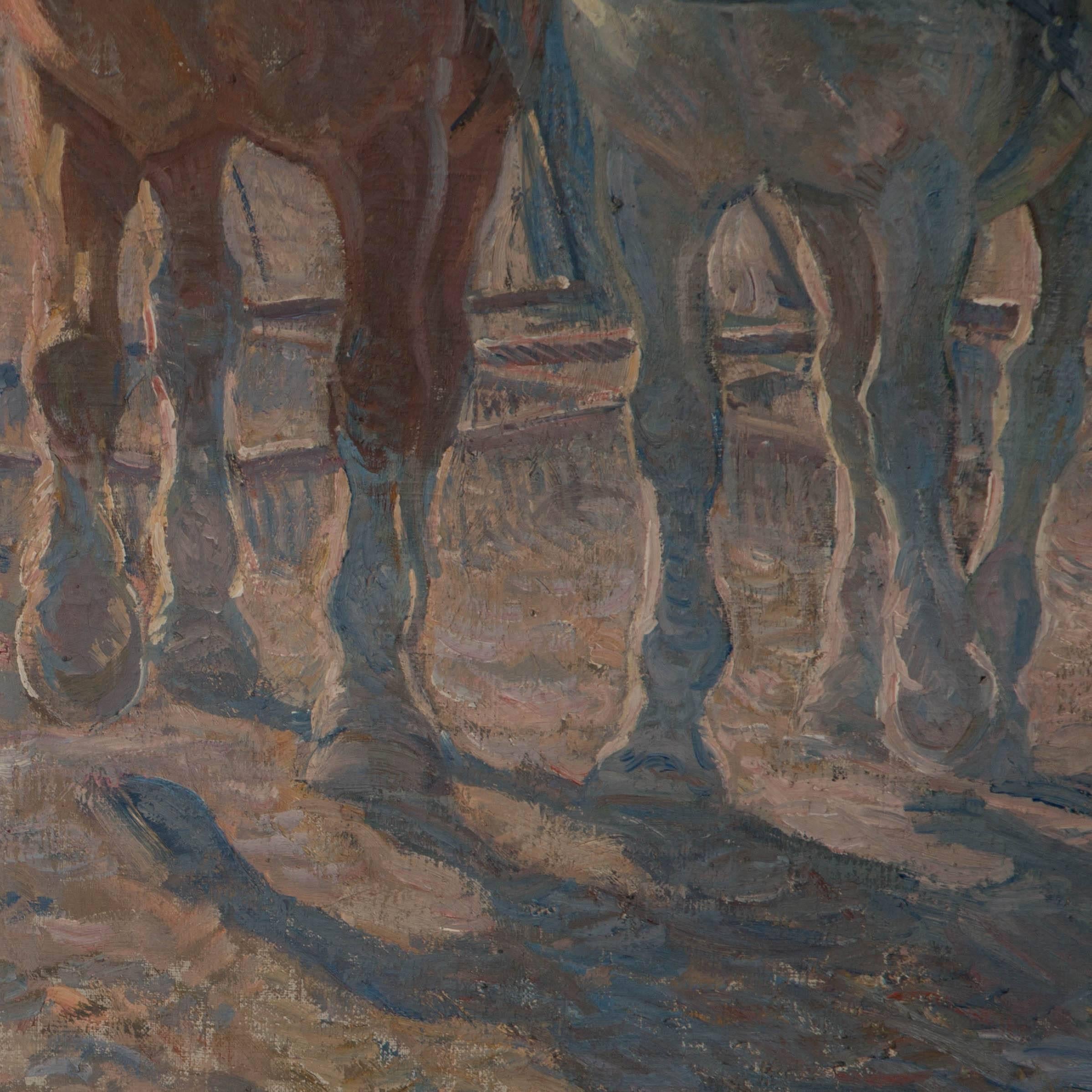 Large Oil on Canvas Painting of Plow Horses, Signed Borge Nyrop In Good Condition In Round Top, TX