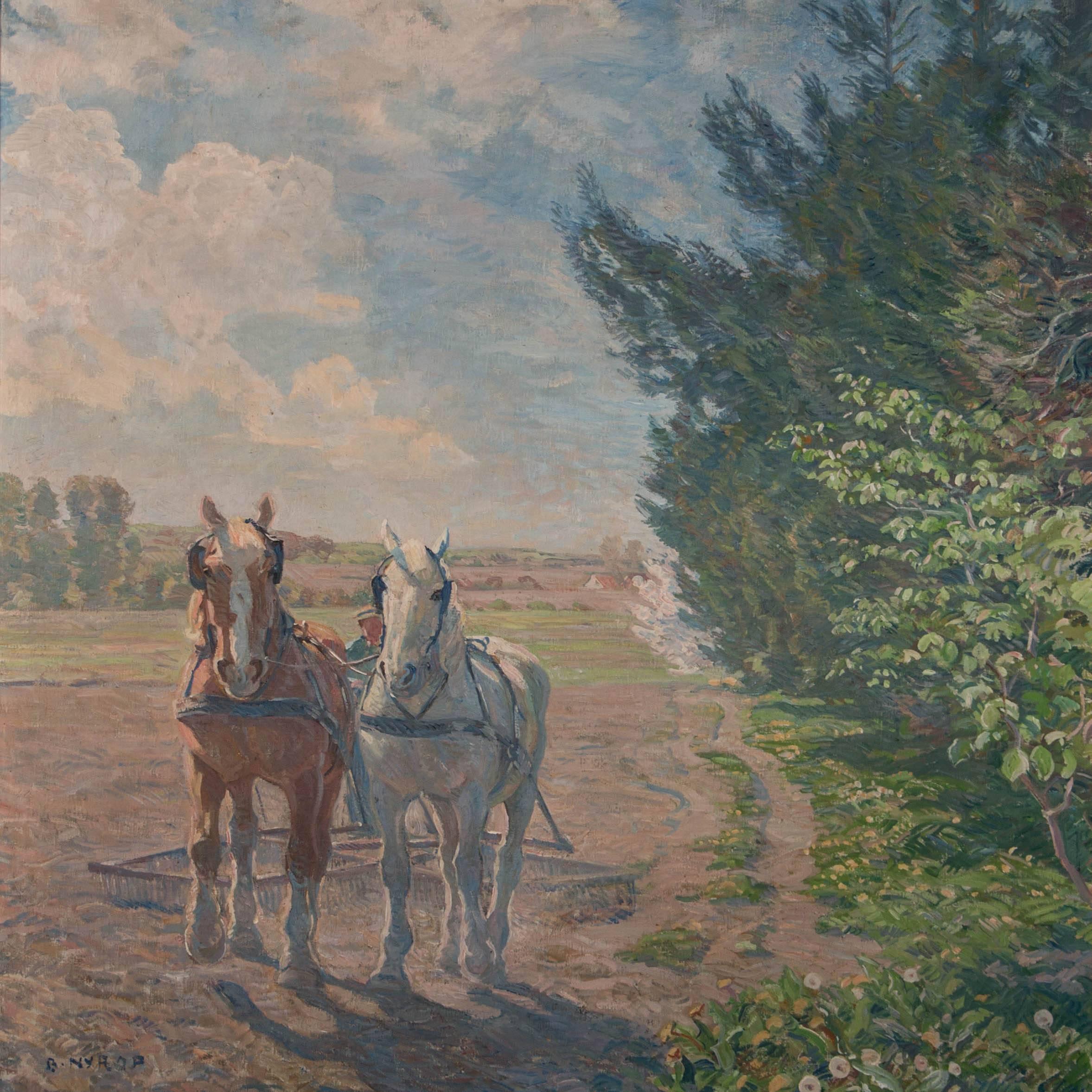 Large Danish oil on canvas painting of a pair of plow horses, with cloud filled blue sky overhead. The canvas is signed B. Nyrop (Borge Nyrop 1881-1948) and mounted in a giltwood and gesso frame. Please enlarge and examine close up photos for more