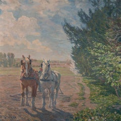 Large Oil on Canvas Painting of Plow Horses, Signed Borge Nyrop