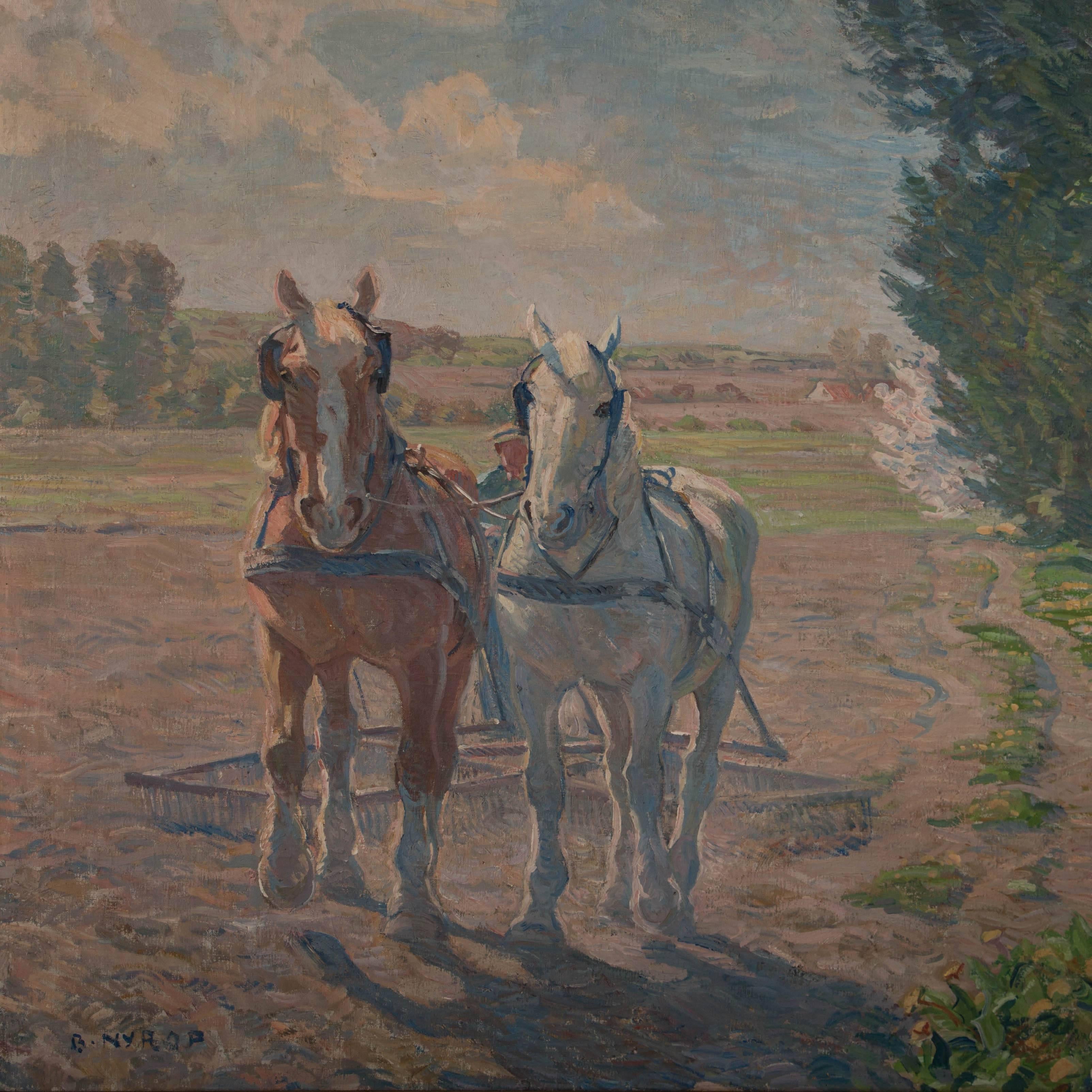 Danish Large Oil on Canvas Painting of Plow Horses, Signed Borge Nyrop
