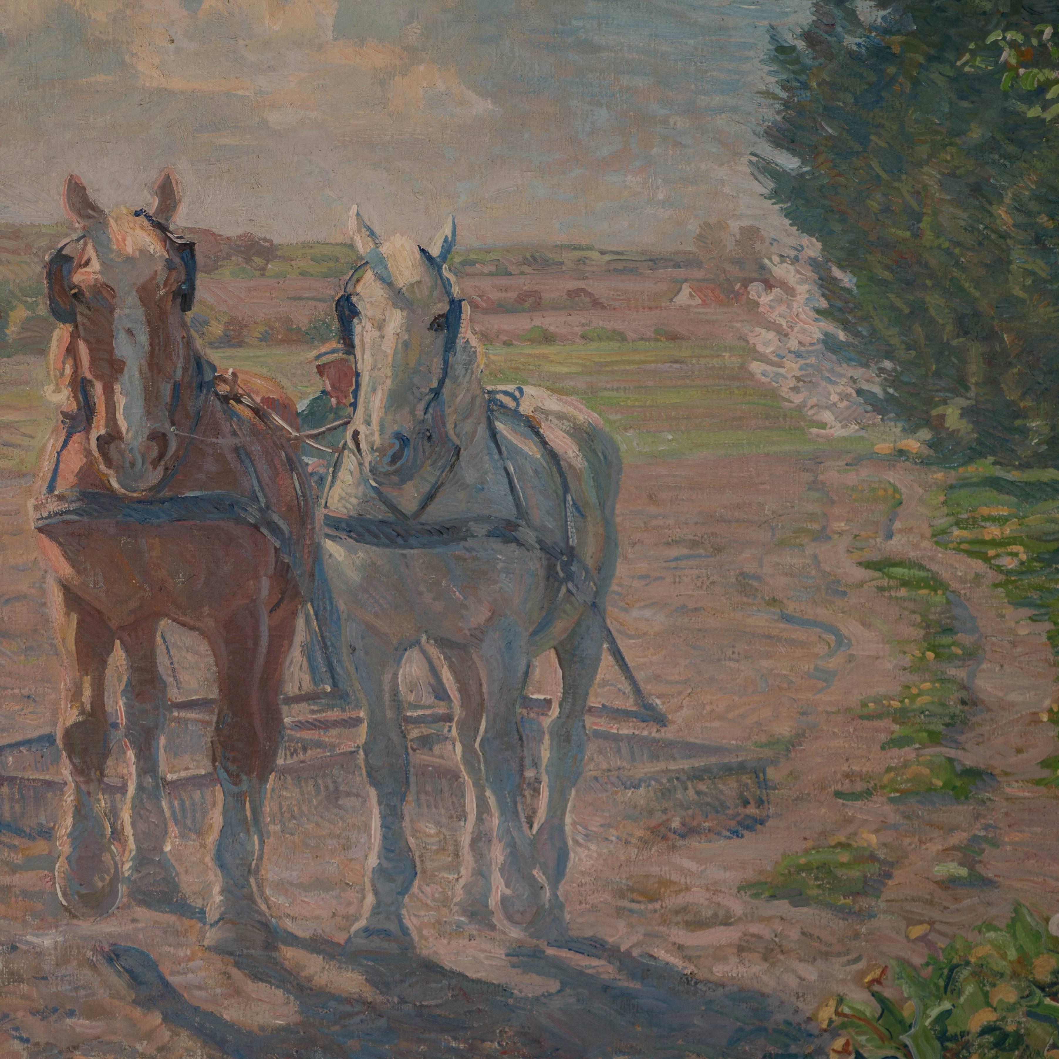 20th Century Large Oil on Canvas Painting of Plow Horses, Signed Borge Nyrop