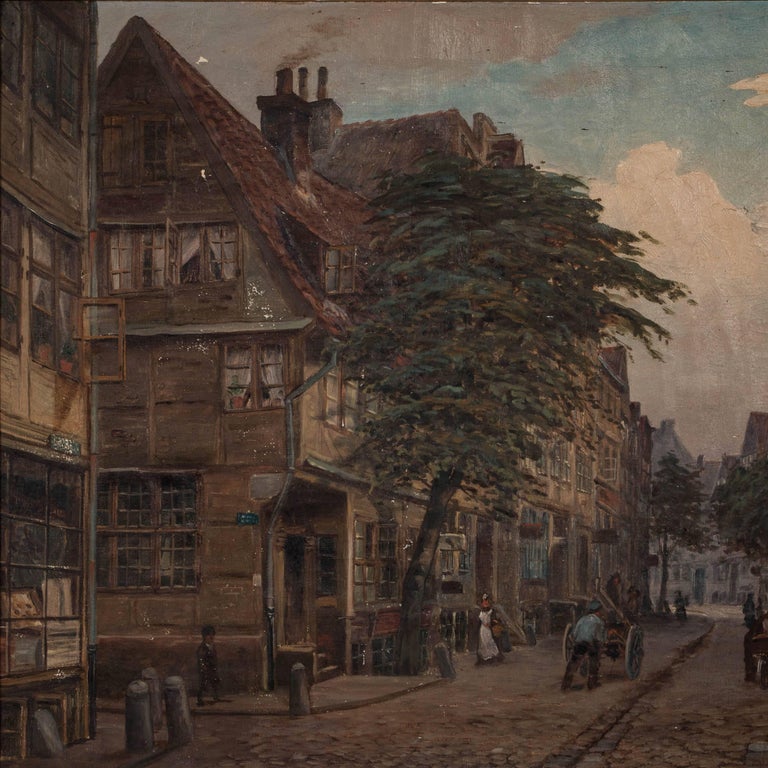 Antique Oil Painting, Old Hamburg Street Scene, Signed Friedrich Harden