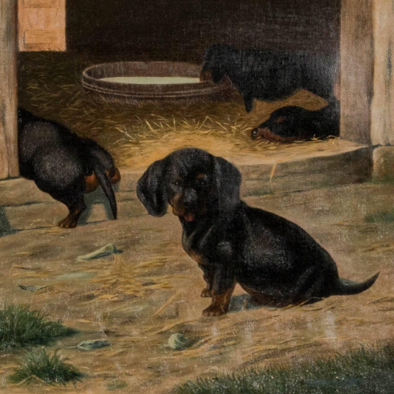 Antique Oil on Canvas Painting of Dachshund Puppies by Simon Simundson In Good Condition In Round Top, TX