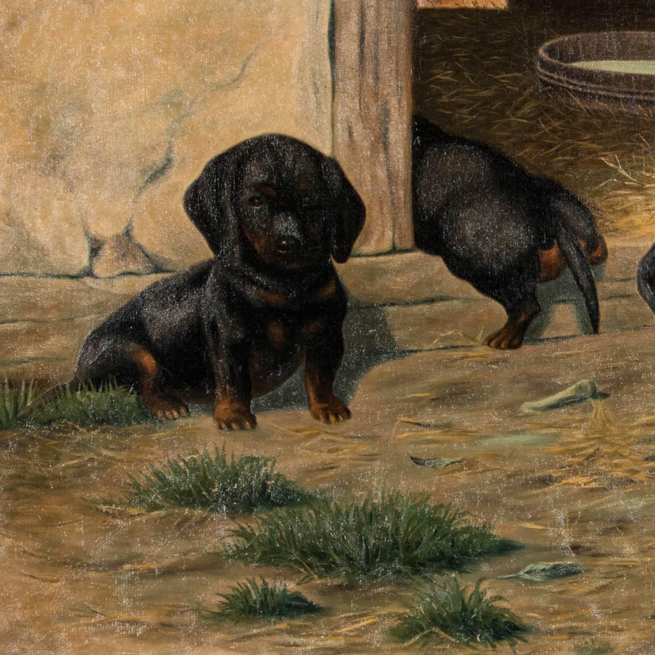 Danish Antique Oil on Canvas Painting of Dachshund Puppies by Simon Simundson