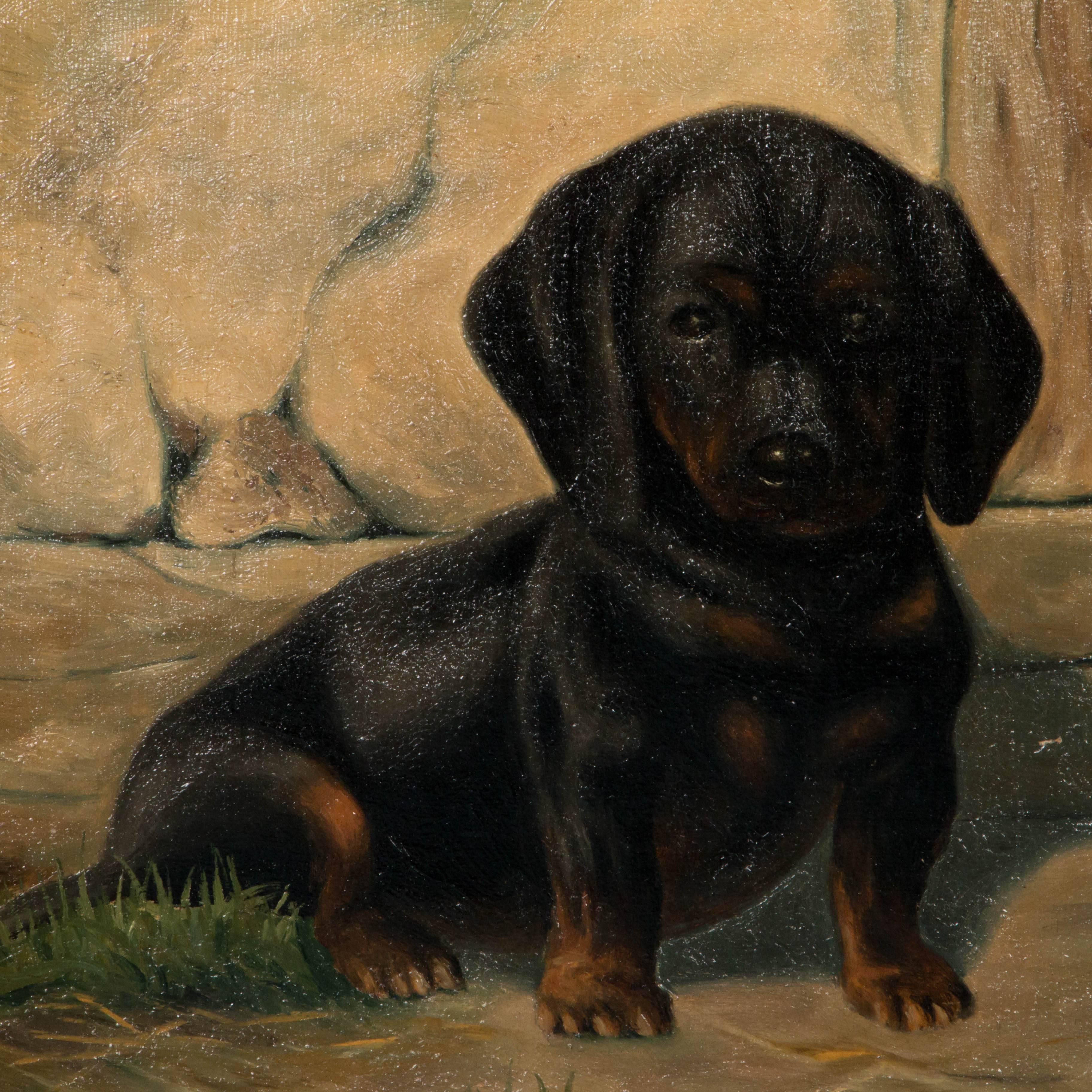 20th Century Antique Oil on Canvas Painting of Dachshund Puppies by Simon Simundson