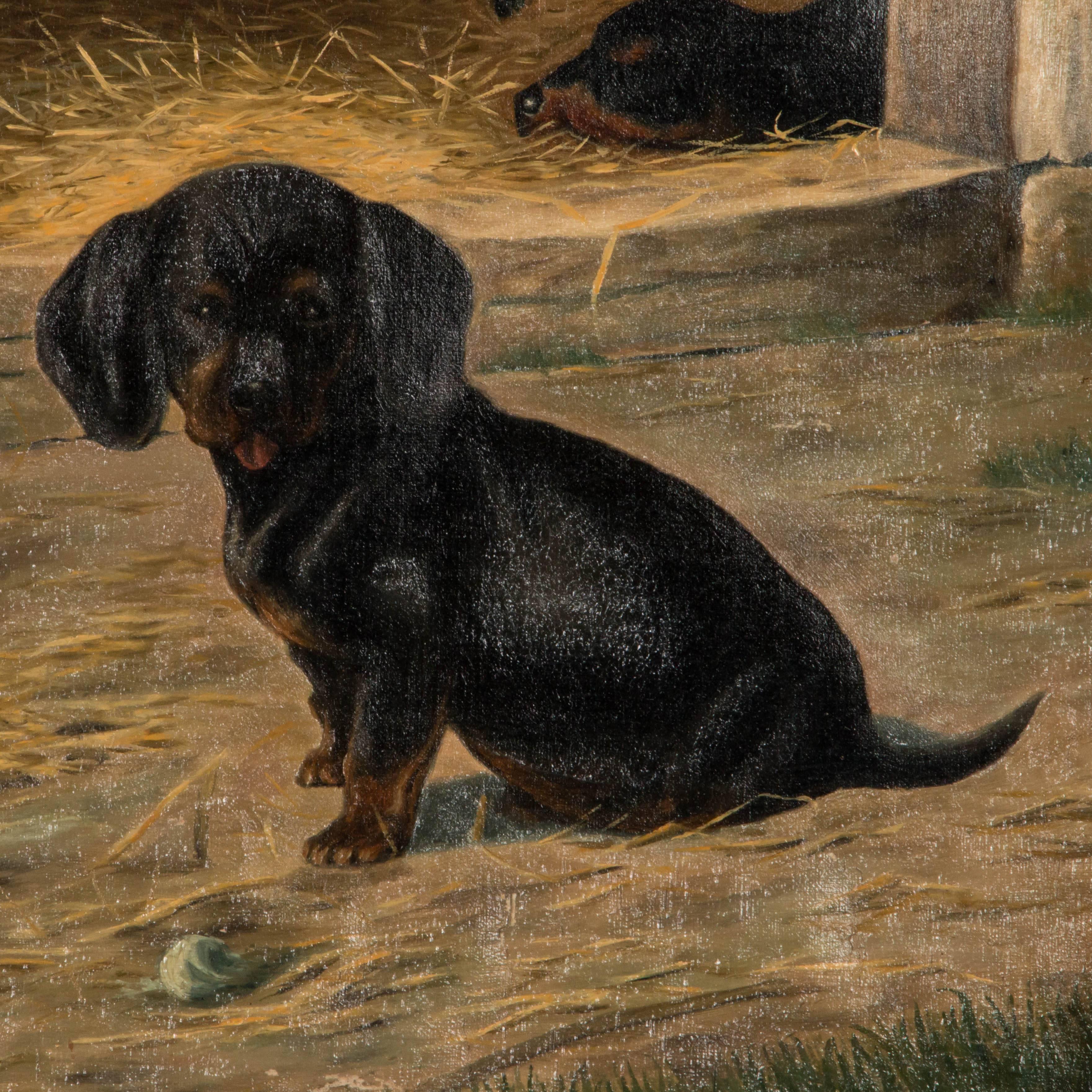 Antique Oil on Canvas Painting of Dachshund Puppies by Simon Simundson 1