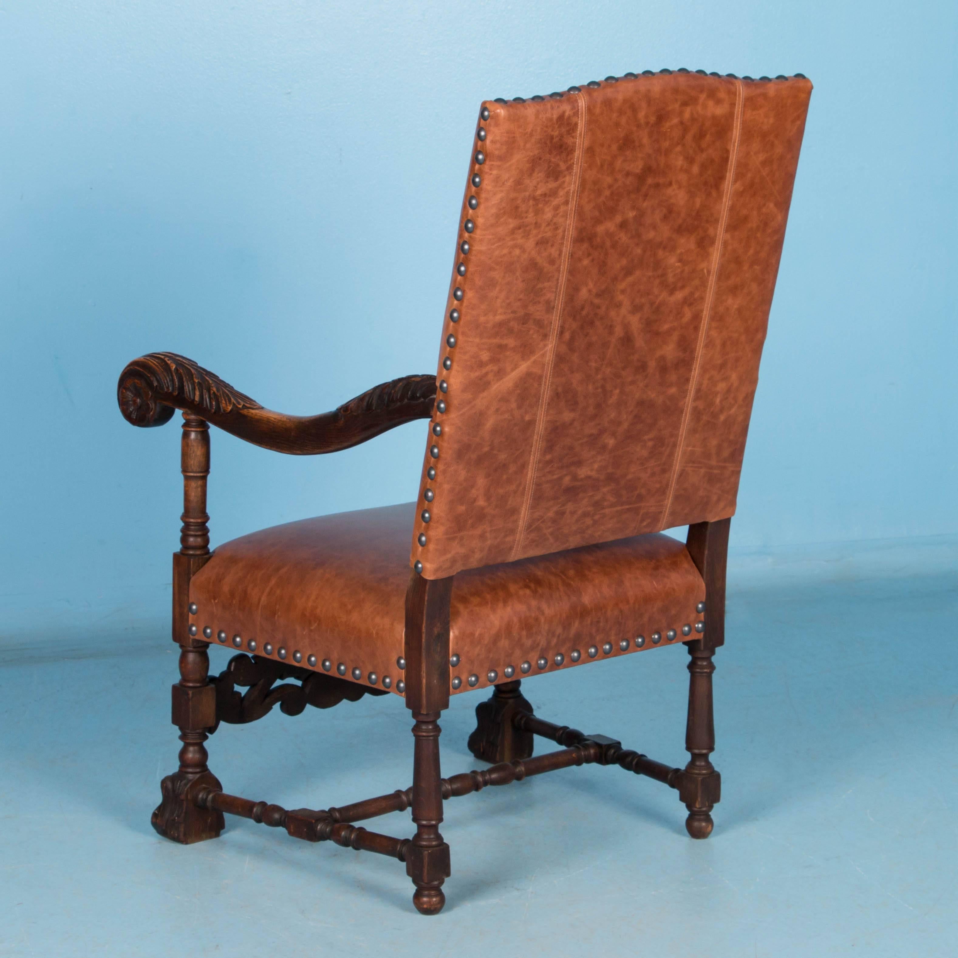19th Century Pair, Antique Danish Baroque Armchairs Upholstered in Leather  