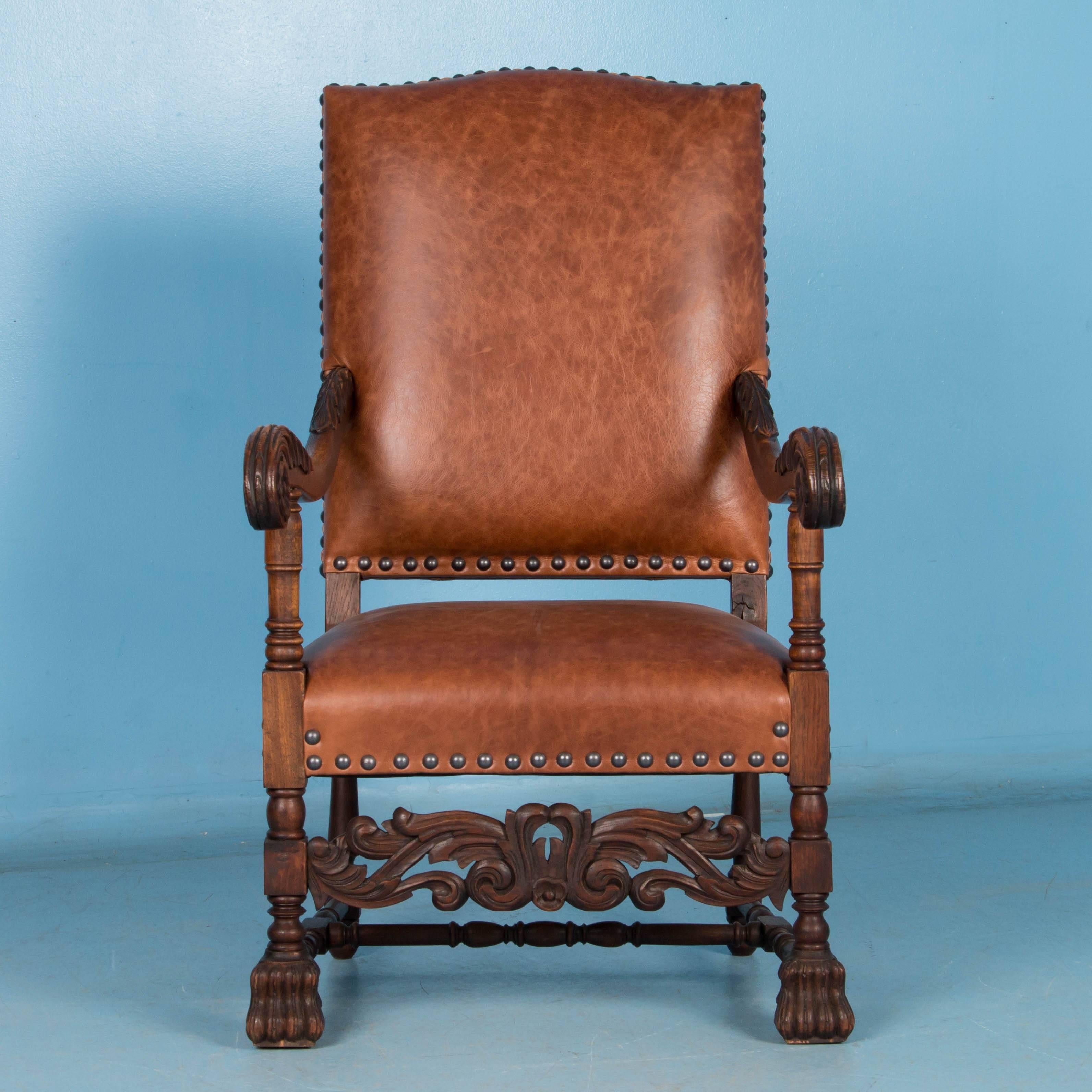 Pair, Antique Danish Baroque Armchairs Upholstered in Leather   In Good Condition In Round Top, TX