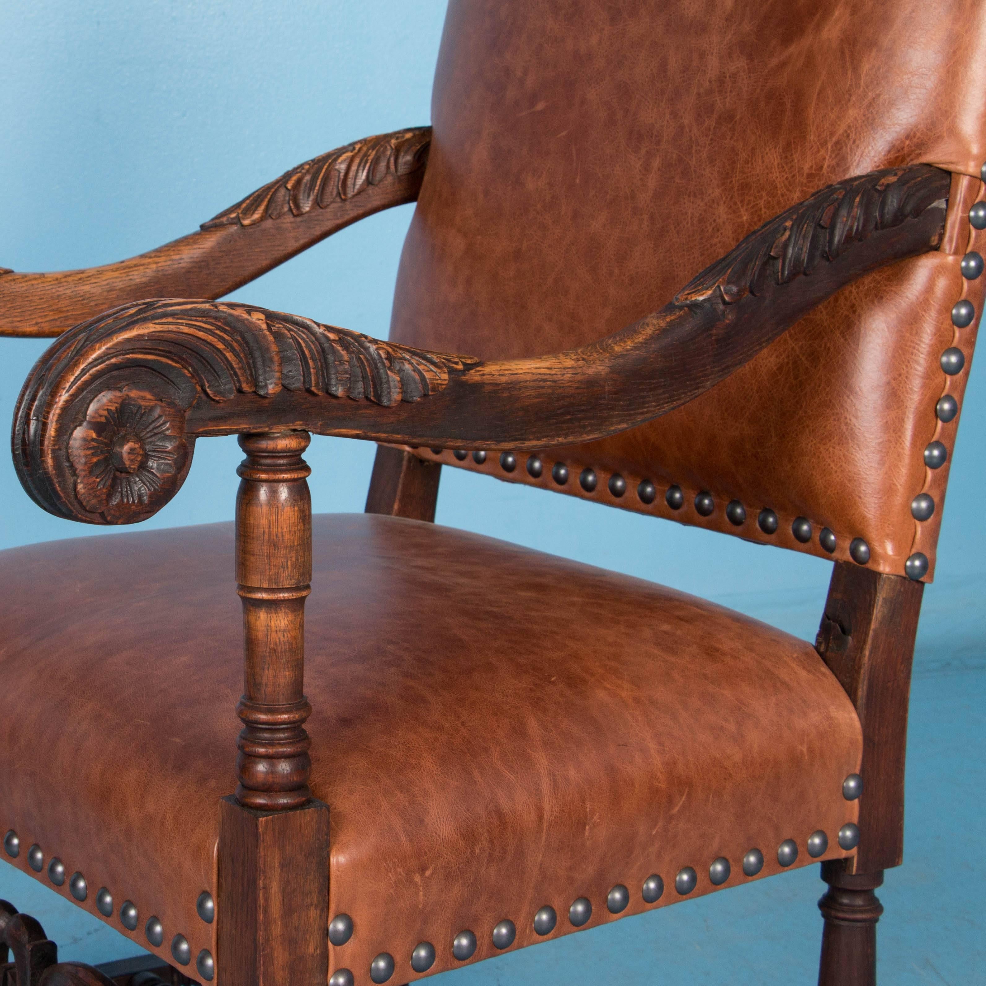 Pair, Antique Danish Baroque Armchairs Upholstered in Leather   1