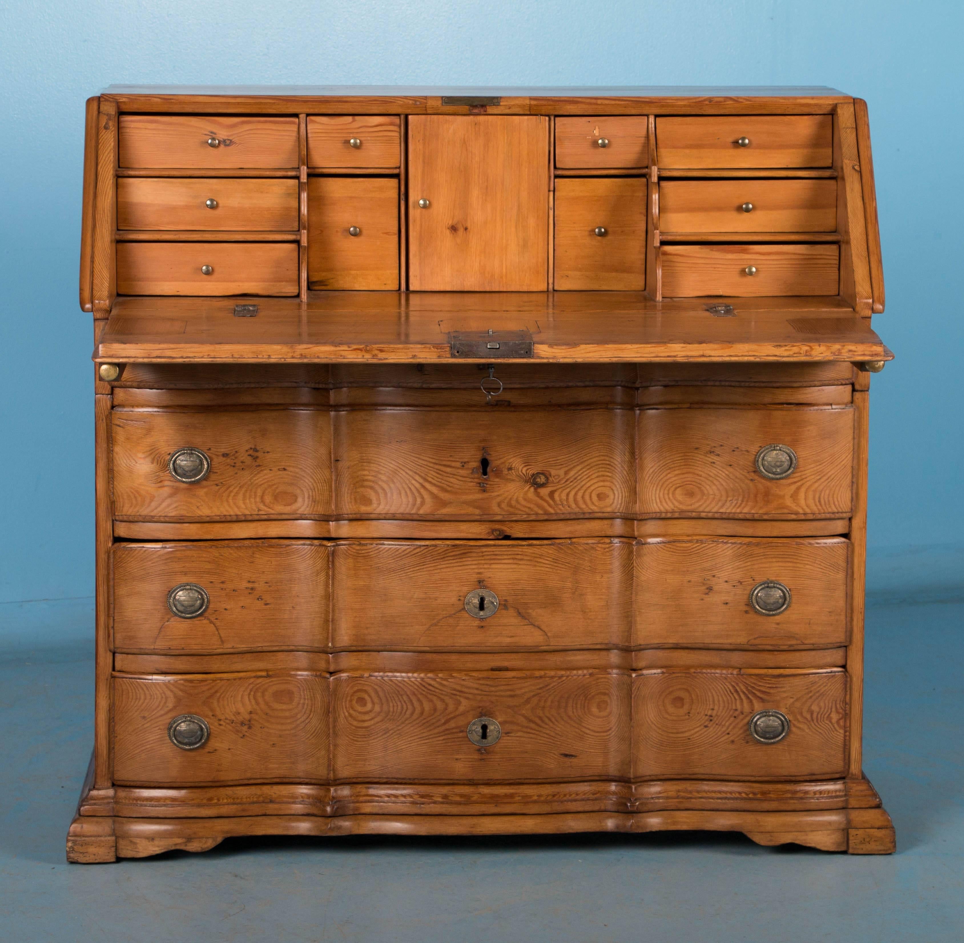 Pine Antique Danish Baroque Drop Front Bureau Secretary, circa 1770