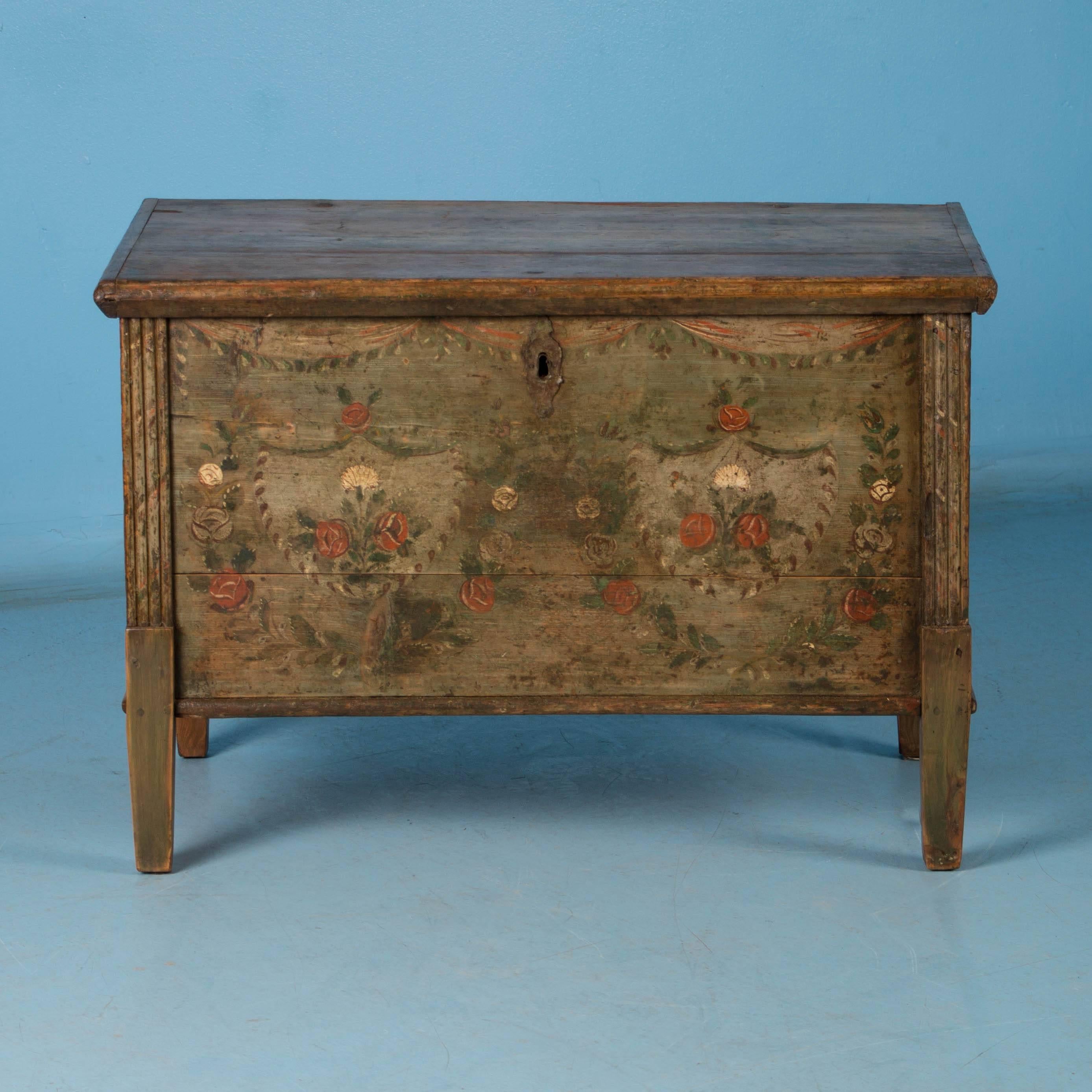 Hungarian Flat Top Green Trunk with Original Painted Floral Details, circa 1840-1860